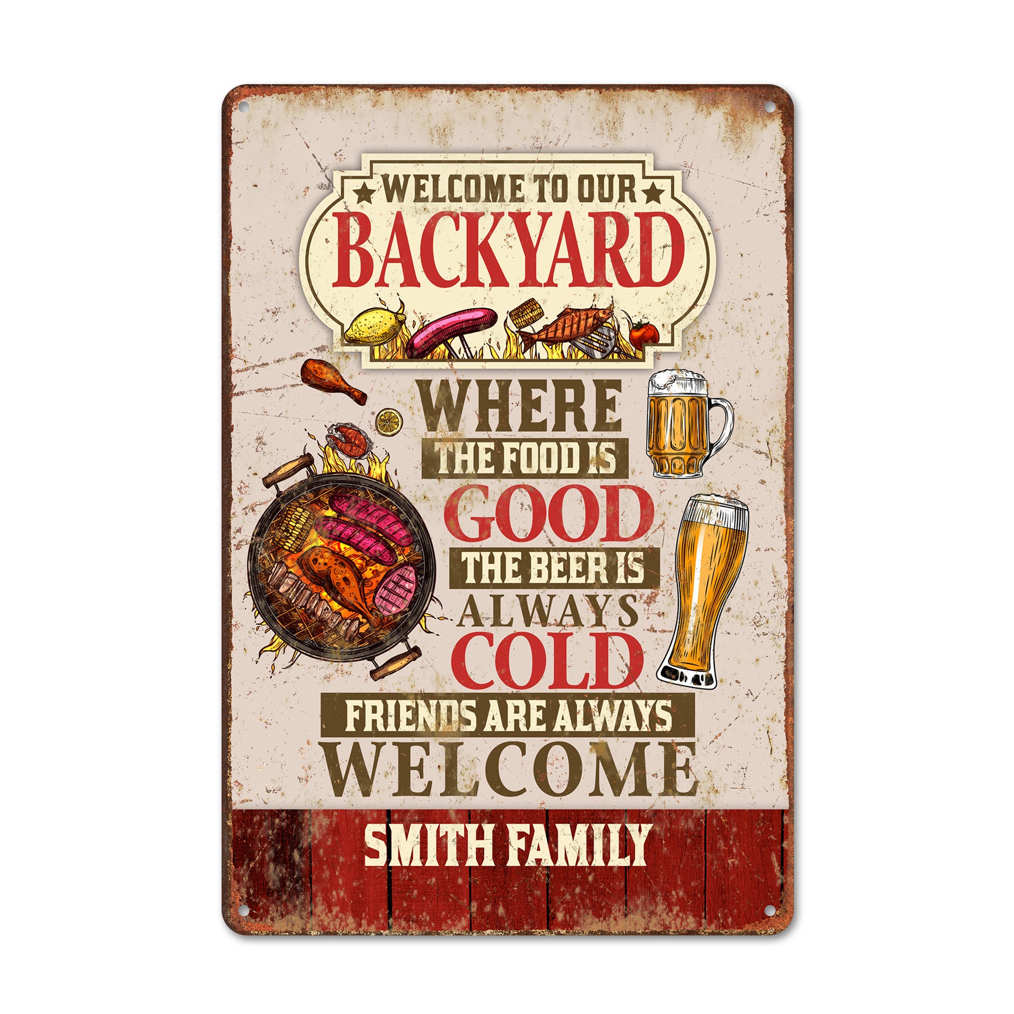 Personalized Family Metal Backyard Sign - Custom BBQ Decor with Beer and Food Theme for Outdoor Gatherings - Image 1