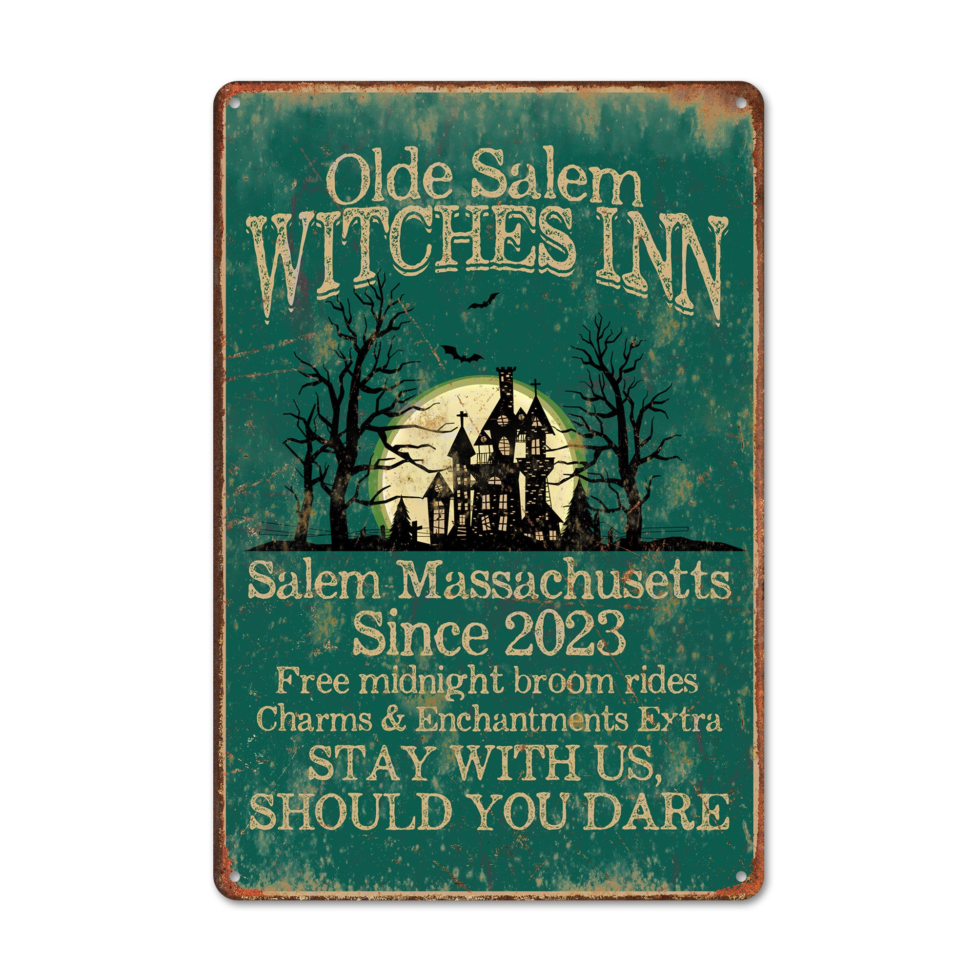 Personalized "Olde Salem Witches Inn" Metal Sign - Vintage Halloween Decor with Custom Options for Halloween Enthusiasts - Image 1
