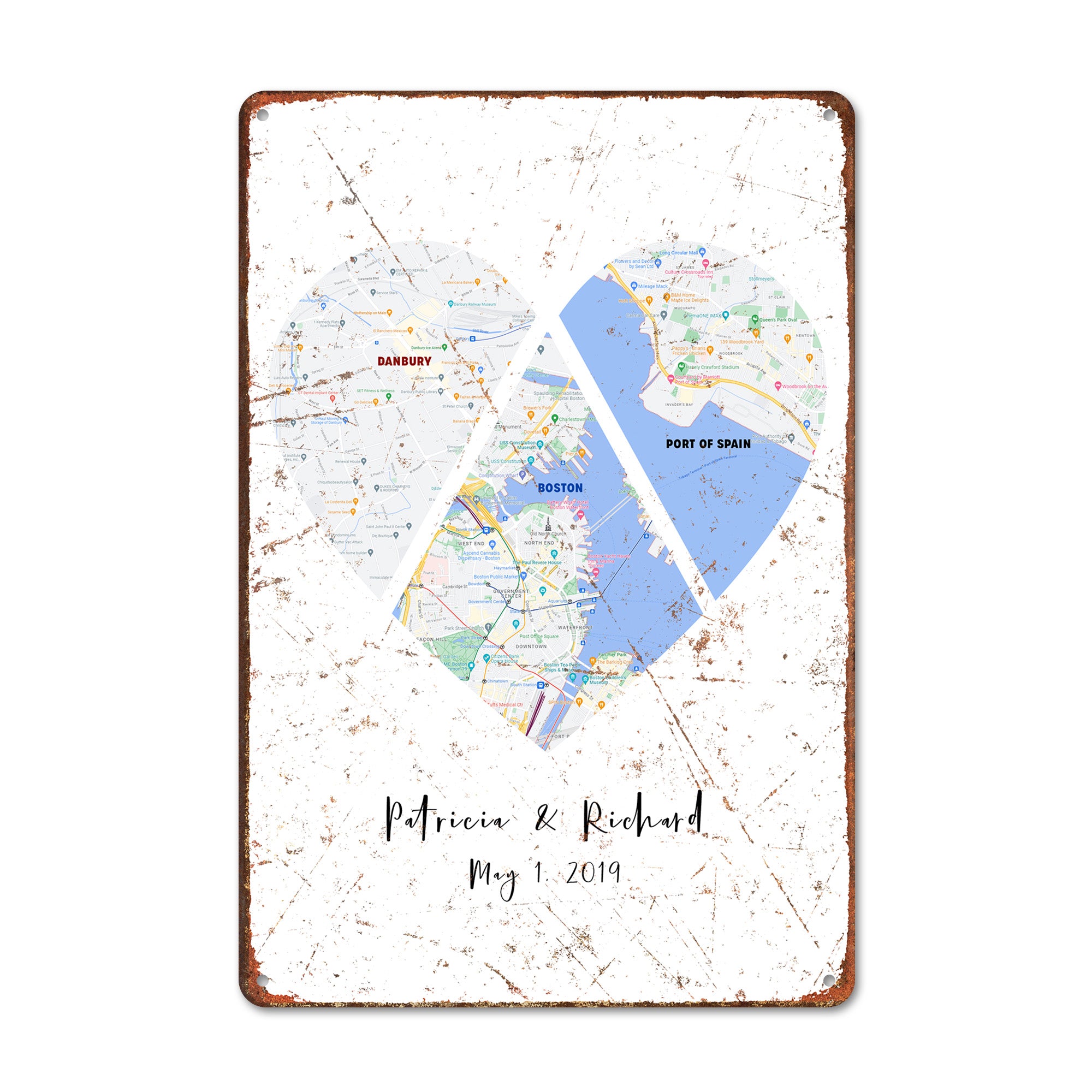 Personalized Heart-Shaped Map Metal Sign - Commemorate Special Places and Memories with Custom Dates and Names - Image 1