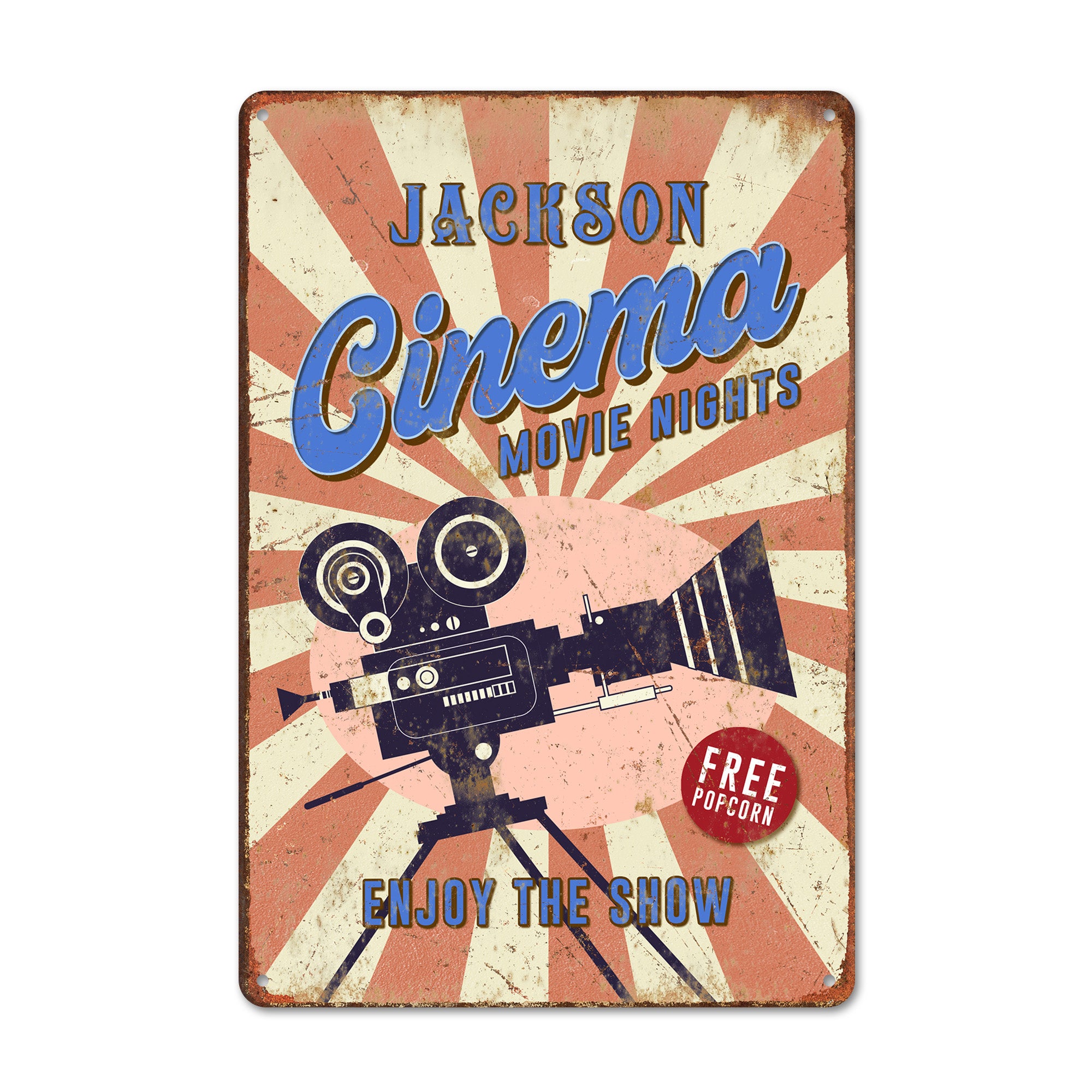 Personalized Vintage-Style Jackson Cinema Metal Sign – Custom Movie Night Decor with Free Popcorn Design for Home Theaters or Gift Occasions - Image 1
