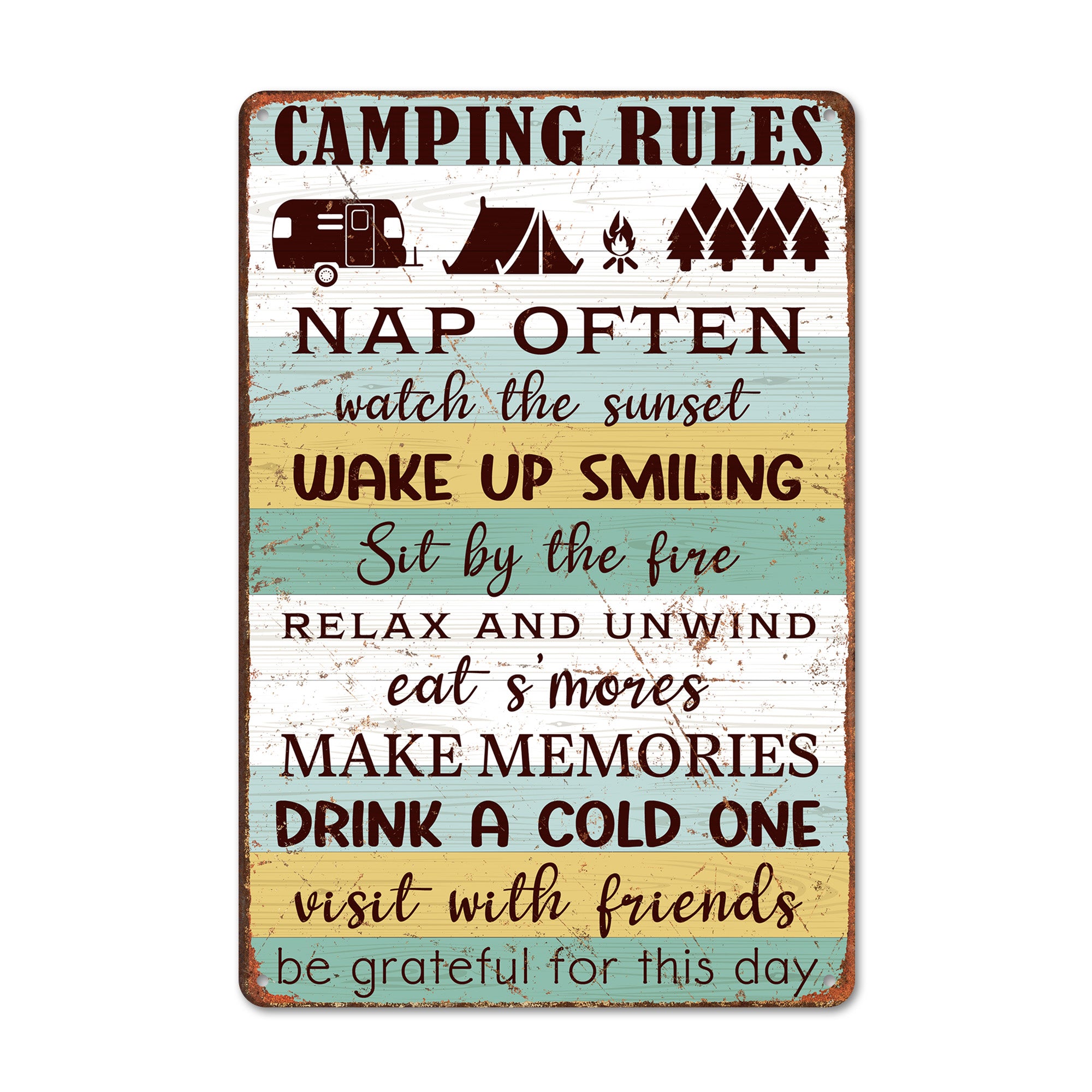 Personalized Camping Rules Metal Sign - Customizable Vintage Decor for Outdoor Enthusiasts and Nature Lovers - Image 1