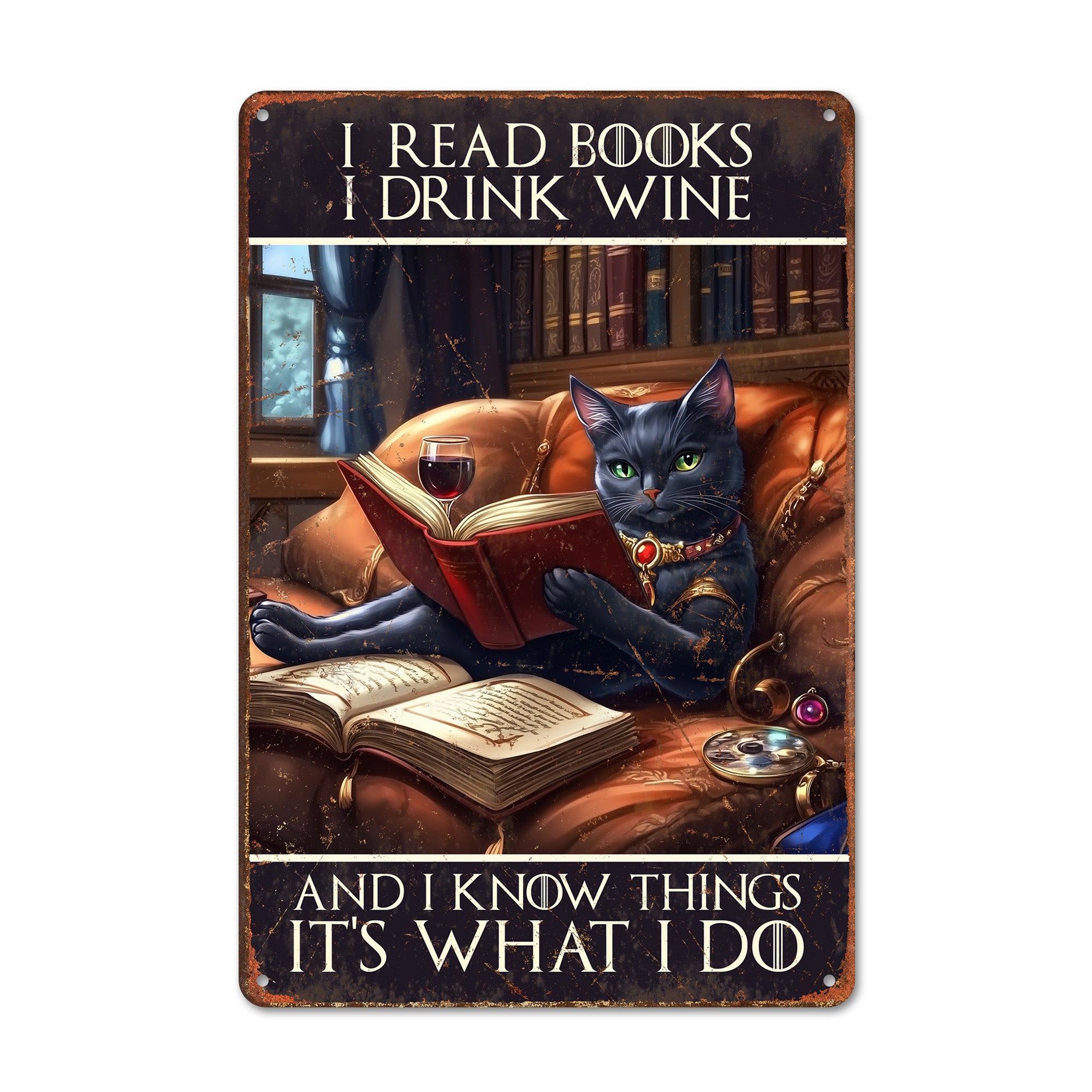 Personalized Vintage Cat Metal Sign - "I Read Books, I Drink Wine" | Perfect Gift for Book Lovers & Wine Enthusiasts - Image 1