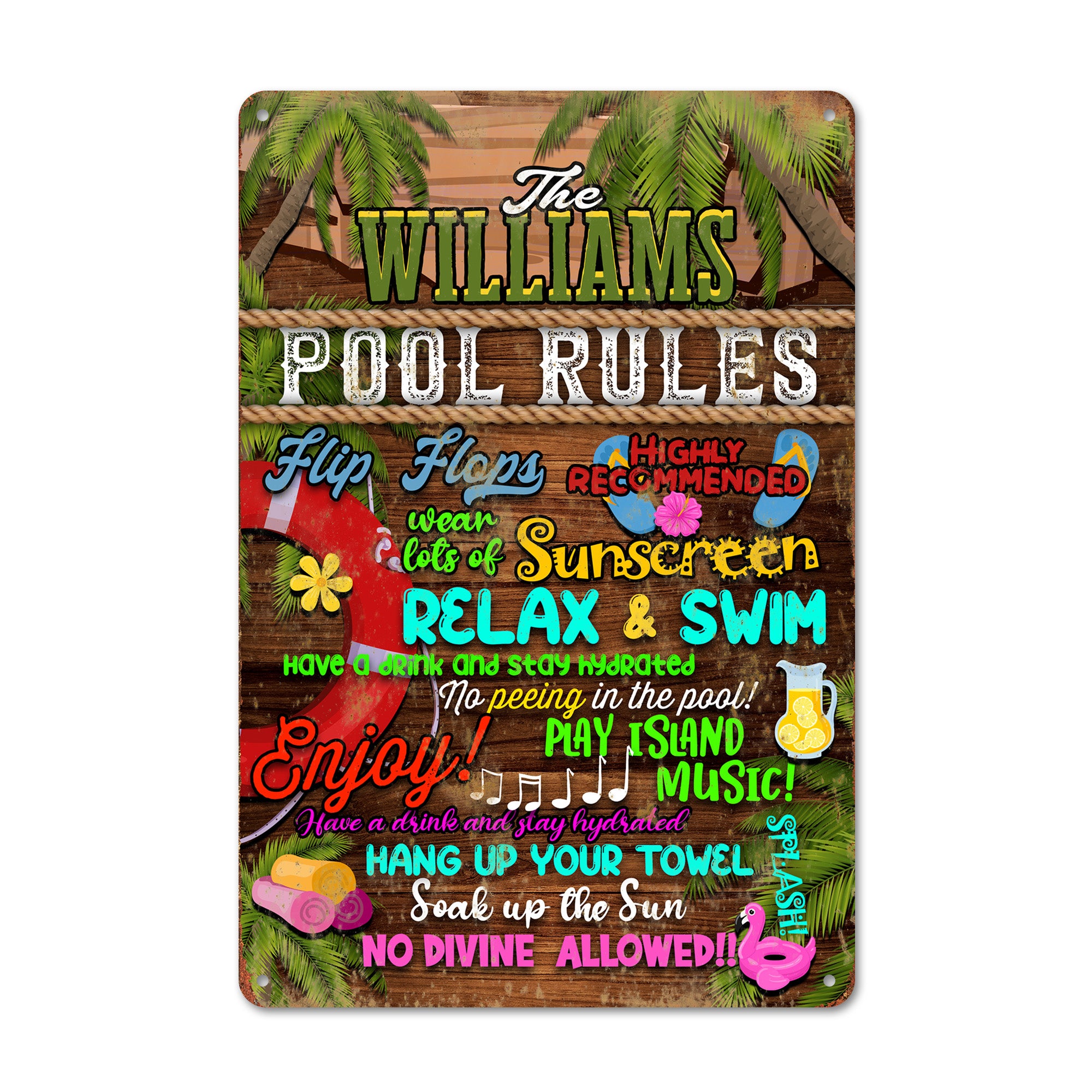 Personalized Pool Rules Metal Sign - Custom Family Name Poolside Decor with Tropical Vibes - Image 1