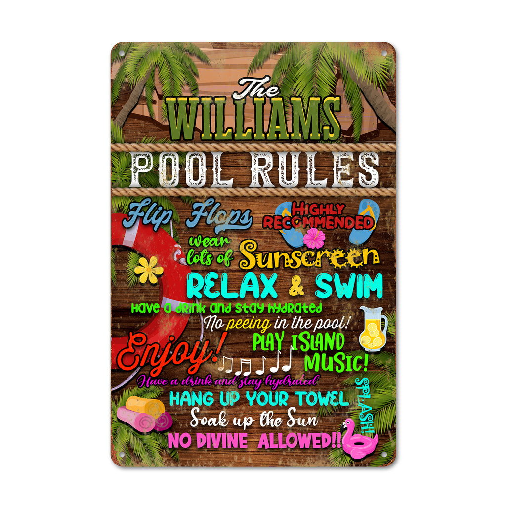 Personalized Pool Rules Metal Sign - Custom Family Name Poolside Decor with Tropical Vibes - Image 1