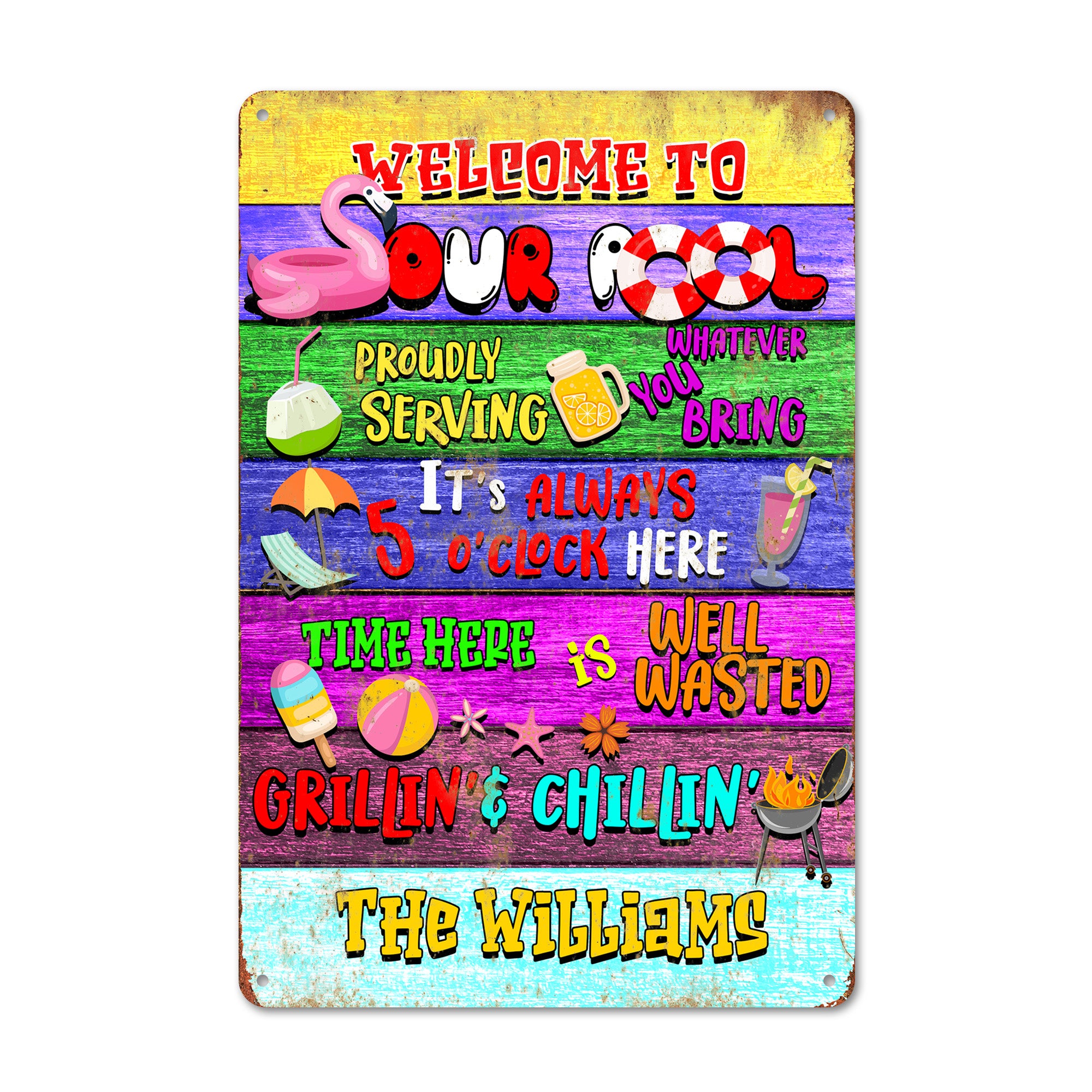 Personalized Welcome to Our Pool Metal Sign | Custom Family Name Grillin' & Chillin' Decor for Backyard & Patio Fun - Image 1