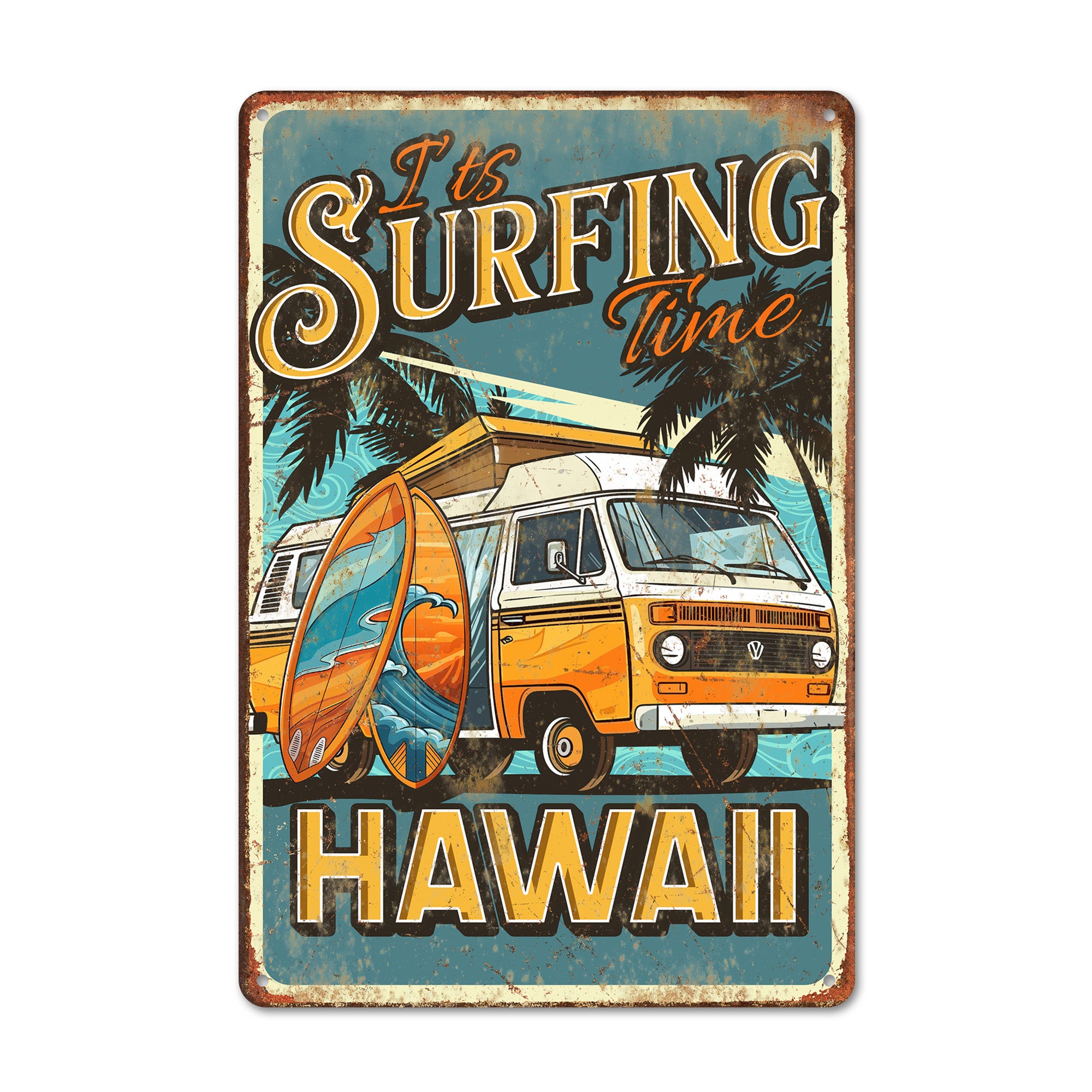 Personalized Vintage Surfing Time Metal Sign – Custom Beach Decor Featuring Classic VW Van and Surfboards for Hawaiian Vibes - Image 1