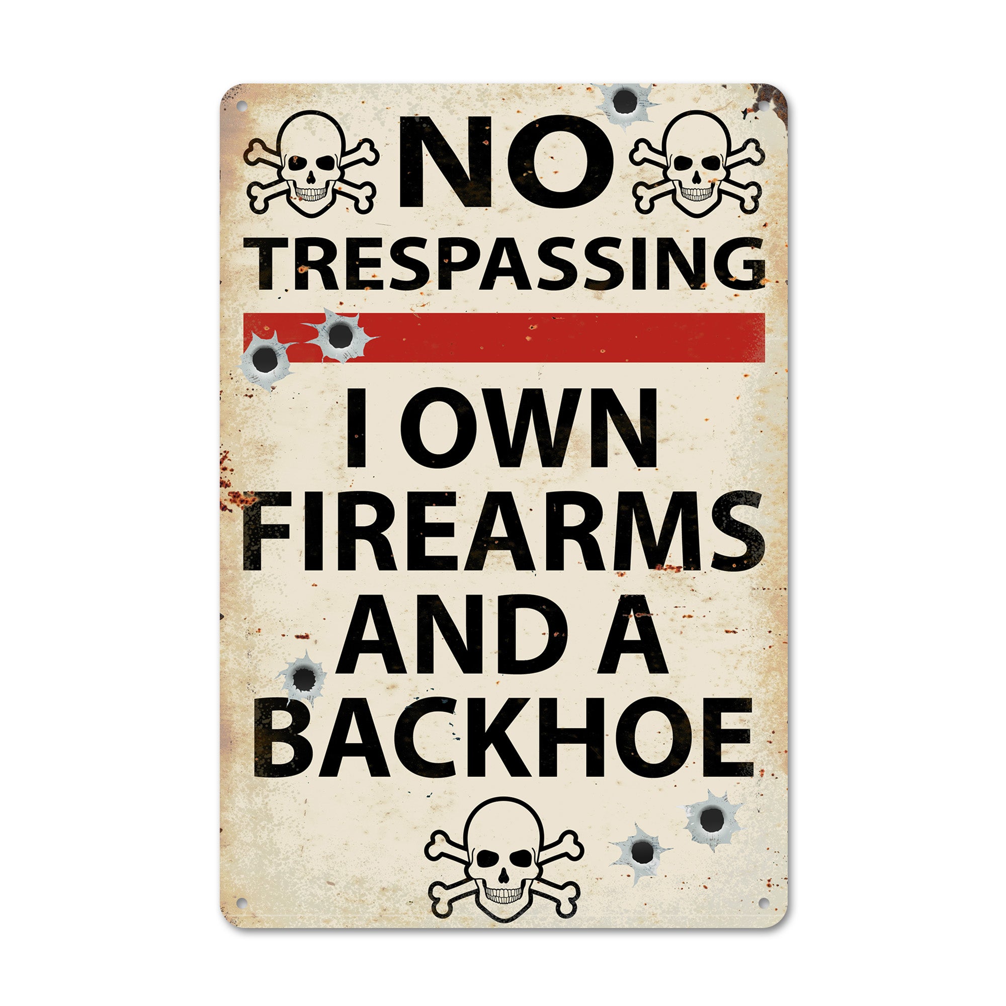 Personalized "No Trespassing" Metal Sign with Skulls and Bullet Holes – Perfect for Gun Owners and Humor Enthusiasts - Image 1
