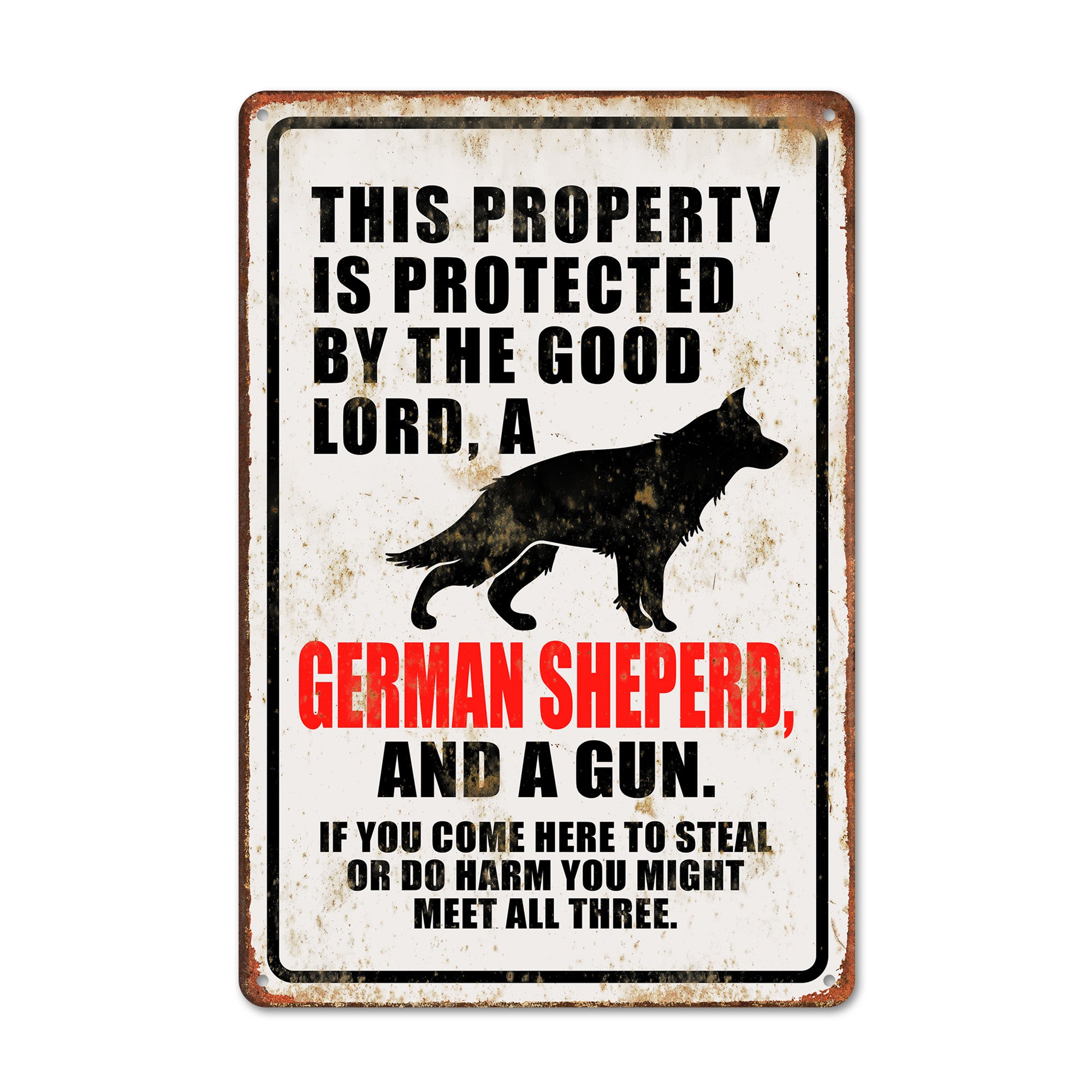 Personalized Distressed Metal Sign - Bold Vintage Design with German Shepherd Silhouette for Home & Property Protection - Image 1