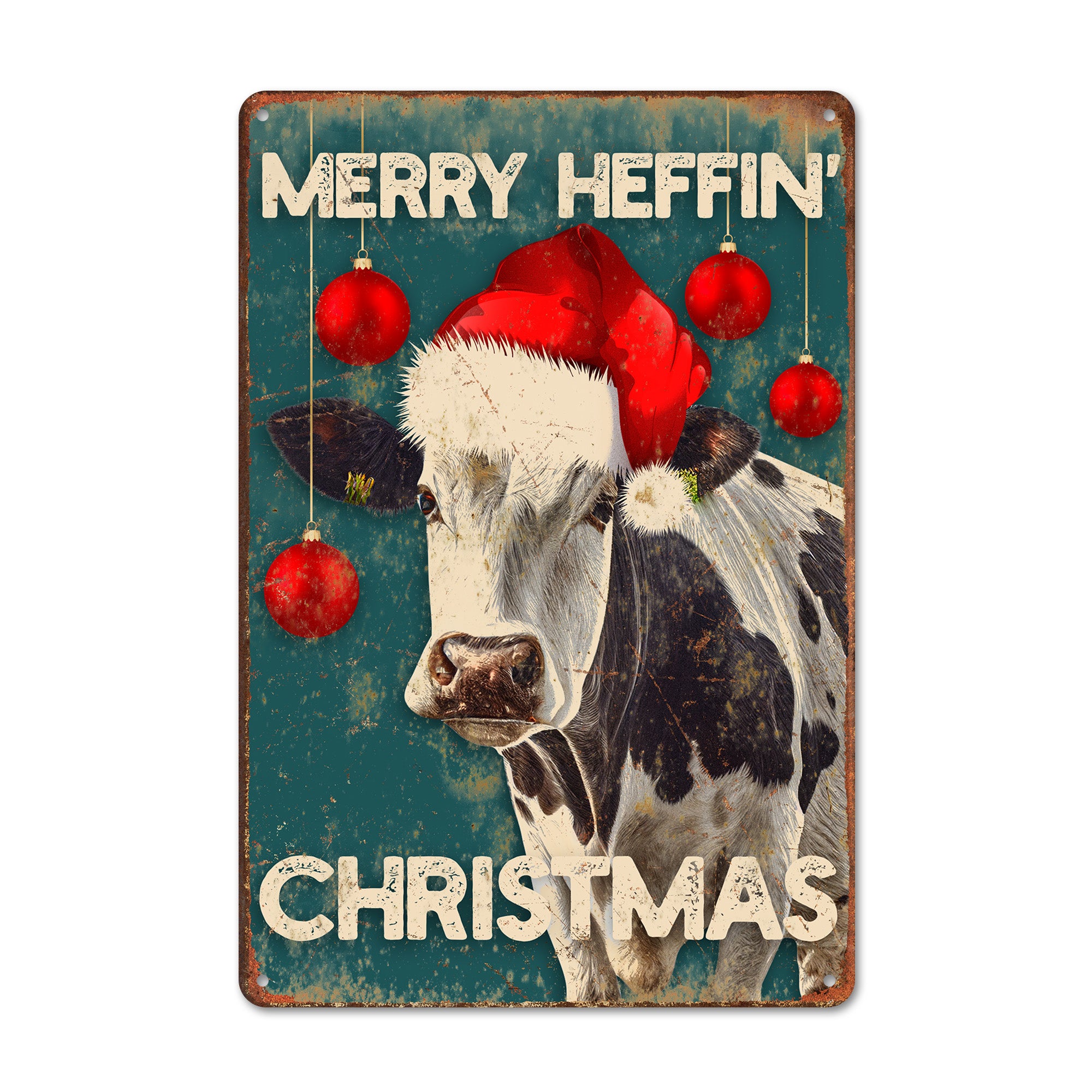 Personalized Rustic Metal Xmas Sign - "Merry Heffin' Christmas" Cow Design with Vintage Charm - Image 1