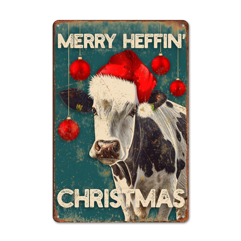 Personalized Rustic Metal Xmas Sign - "Merry Heffin' Christmas" Cow Design with Vintage Charm - Image 1