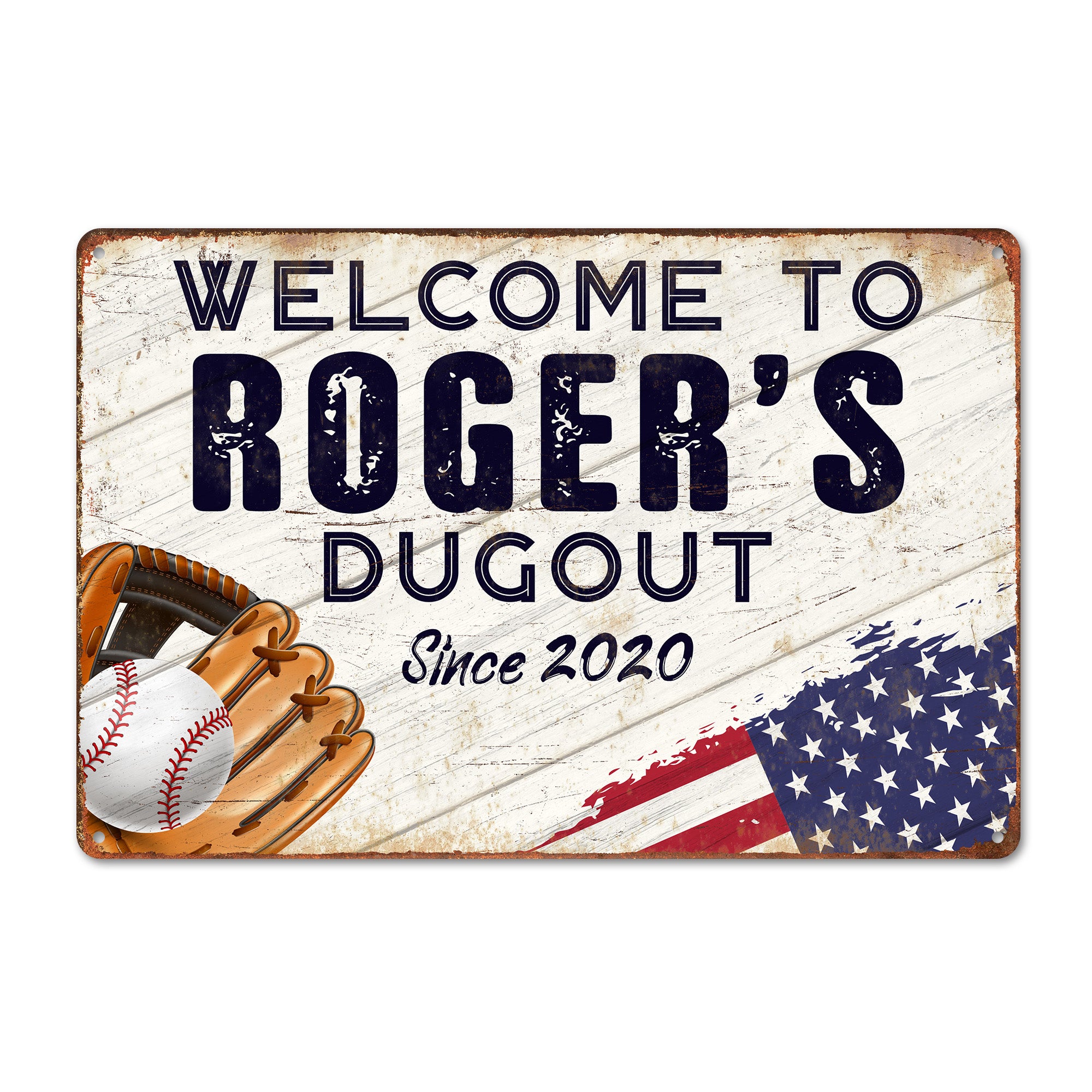 Personalized Baseball Dugout Metal Sign – Customizable Welcome Plaque with American Flag Design, Perfect for Sports Enthusiasts - Image 1