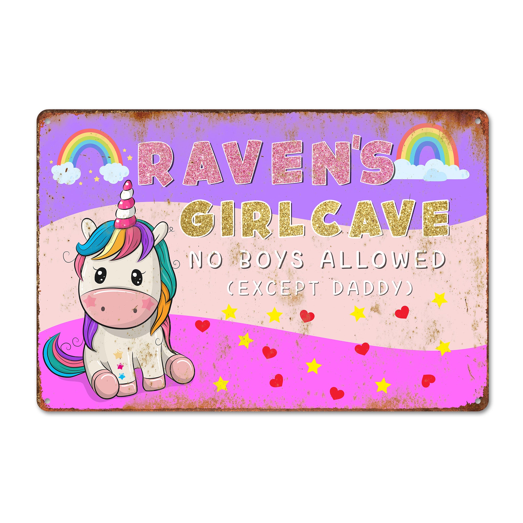 Personalized Unicorn Girl Cave Metal Sign – Custom Name Decor for Kids Room, Birthday Gift for Girls, Rainbow and Heart Design - Image 1