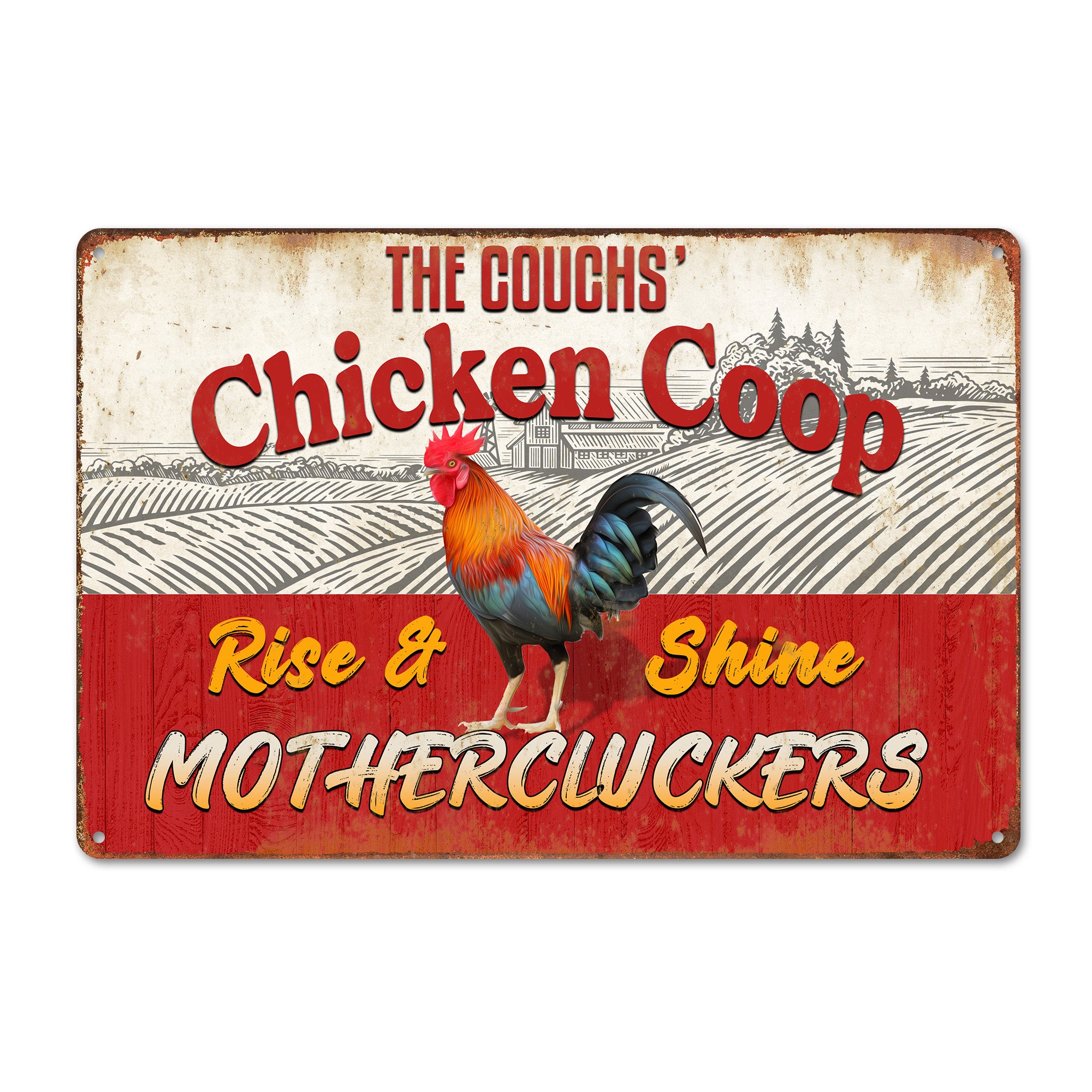 Personalized Rustic Metal Chicken Coop Sign - Custom Farmhouse Decor with Vintage Rooster Illustration and Humorous Text - Image 1