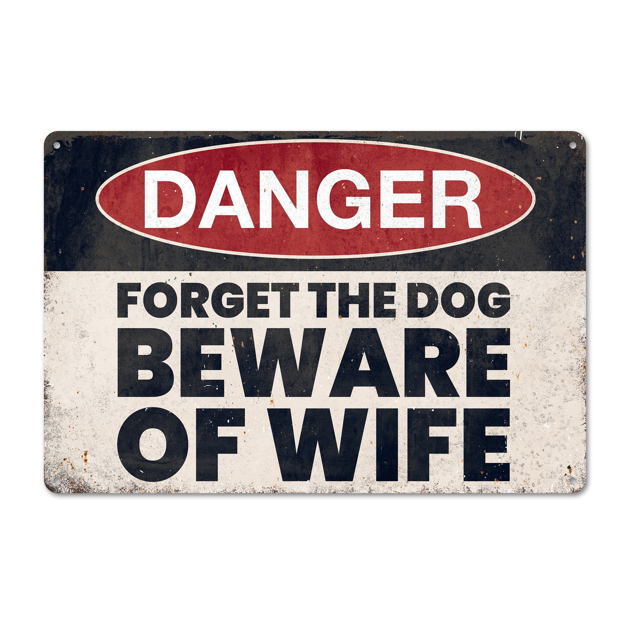 Personalized Vintage Metal Sign - "Forget the Dog, Beware of Wife" - Customizable Humor for Home or Gift - Image 1