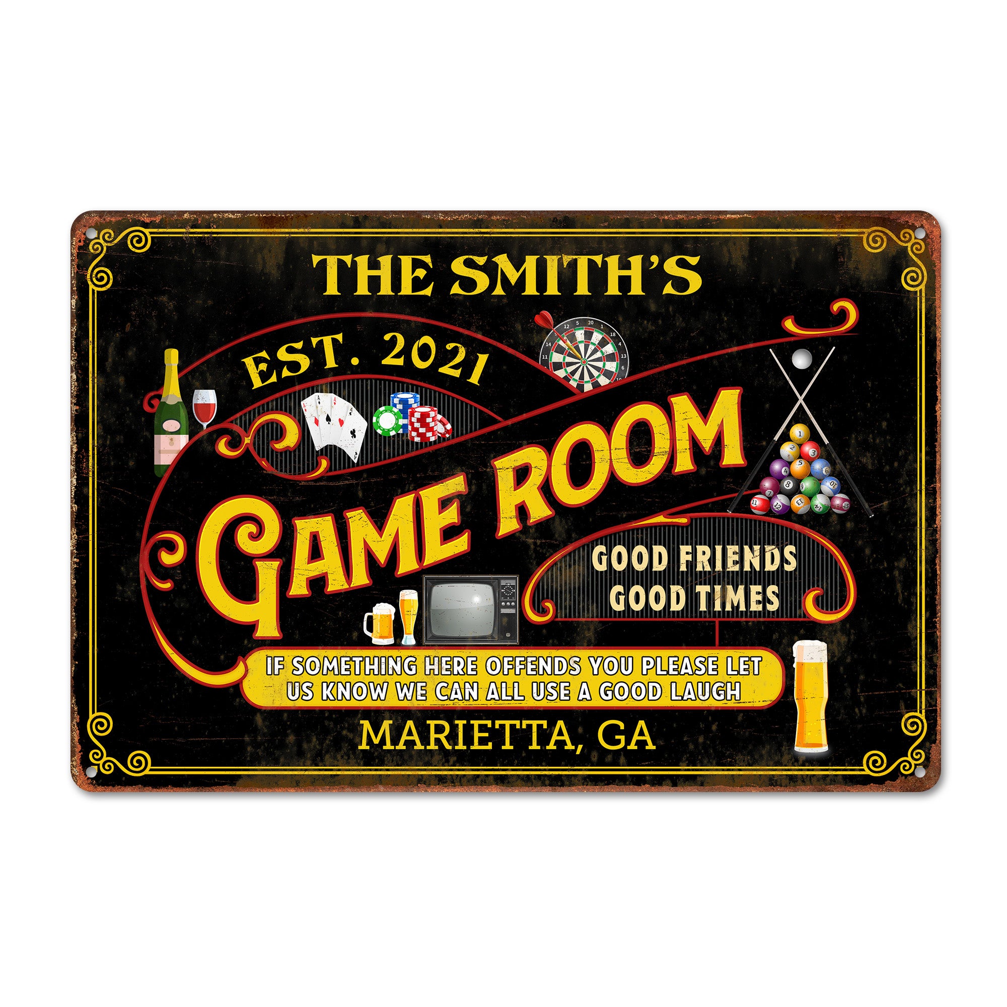 Customizable Game Room Metal Sign - Personalized Family Name Decor for Mancave or Entertainment Space - Image 1