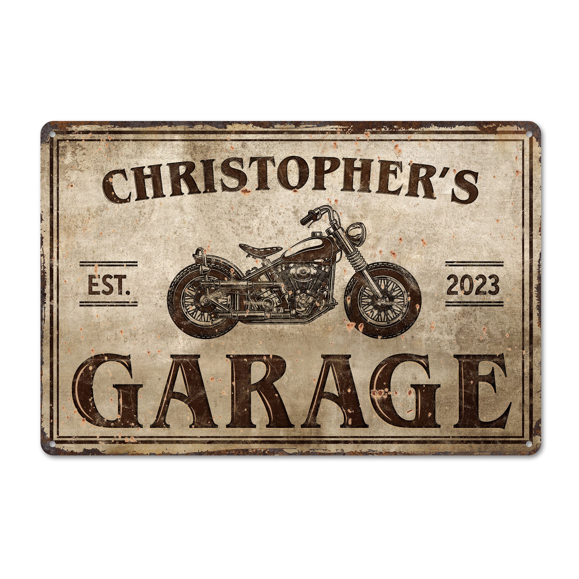 Personalized Vintage Metal Garage Sign with Motorcycle Design, Custom Name & Year, Perfect for Enthusiasts - Image 1