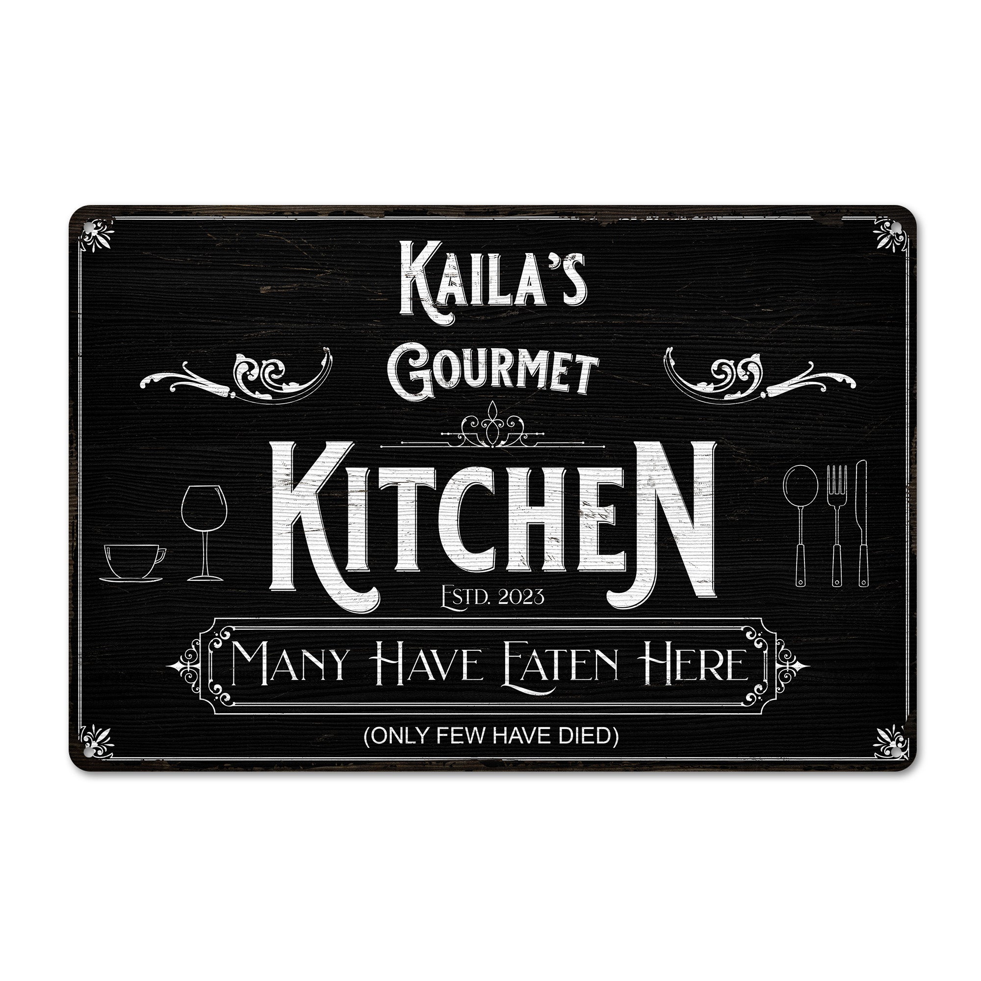 Personalized Gourmet Kitchen Metal Sign – Custom Name & Year, Humorous Wall Décor for Home Chefs - Image 1