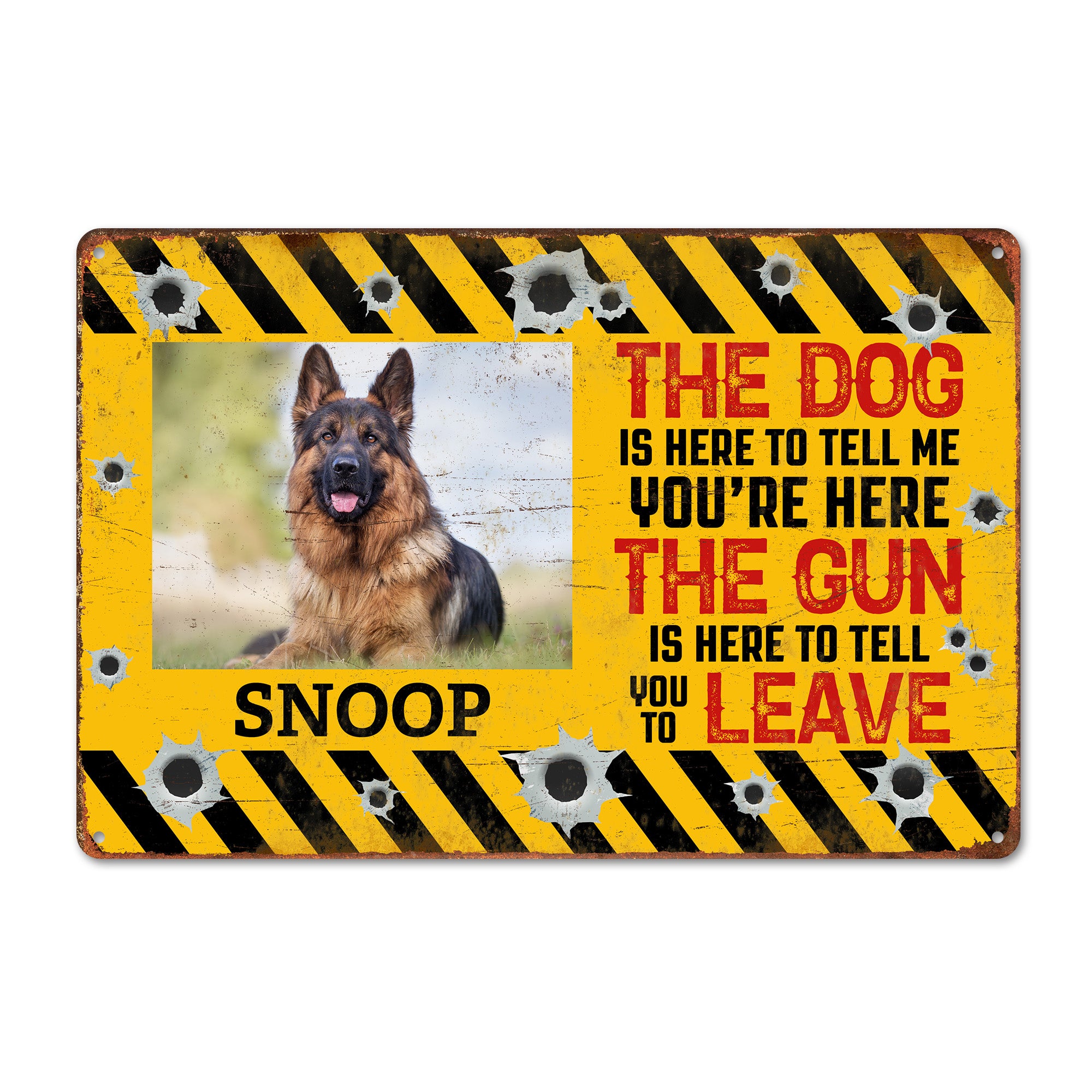 Personalized Dog and Gun Warning Metal Sign – Customizable with Your Pet's Name – Perfect Gift for Pet Owners and Security Enthusiasts - Image 1