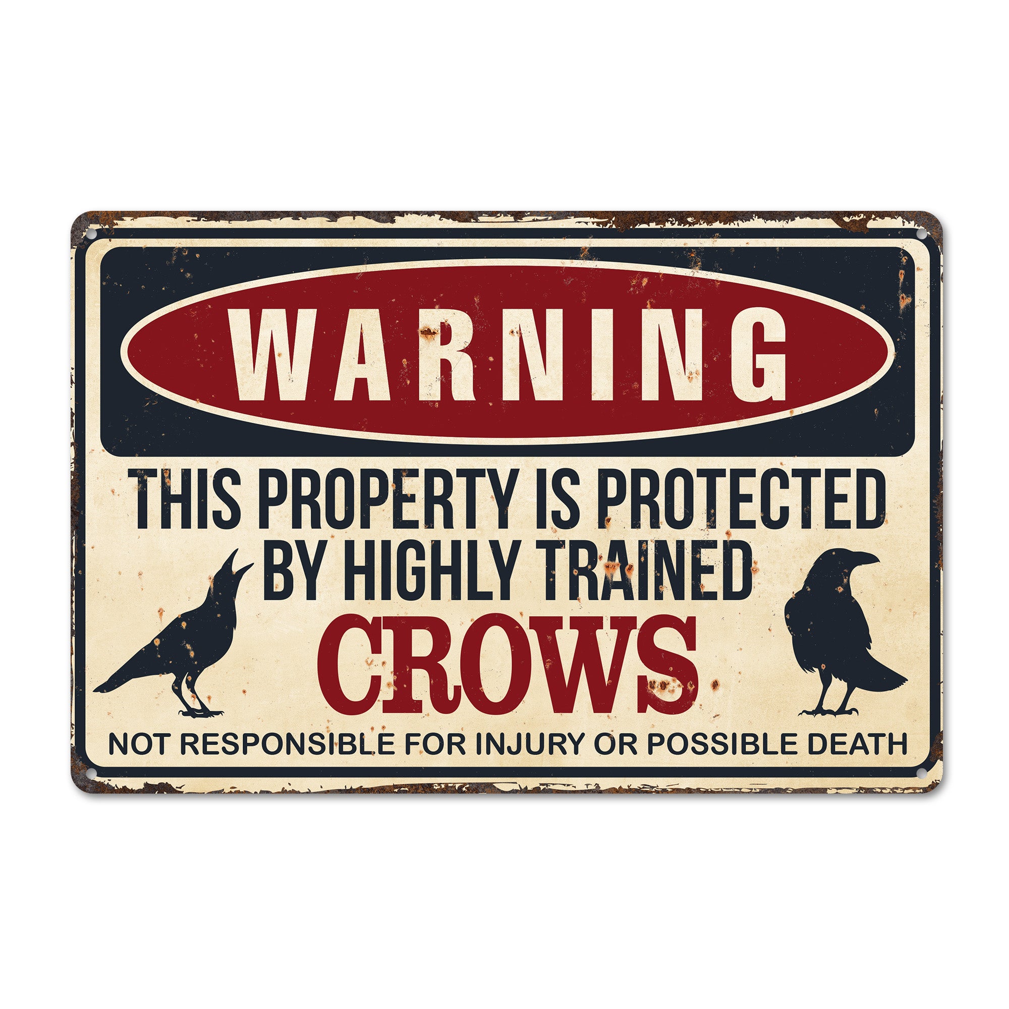 Personalized Vintage Metal Warning Sign with Crows - Customizable Home Decor Gift for Bird Lovers - Image 1