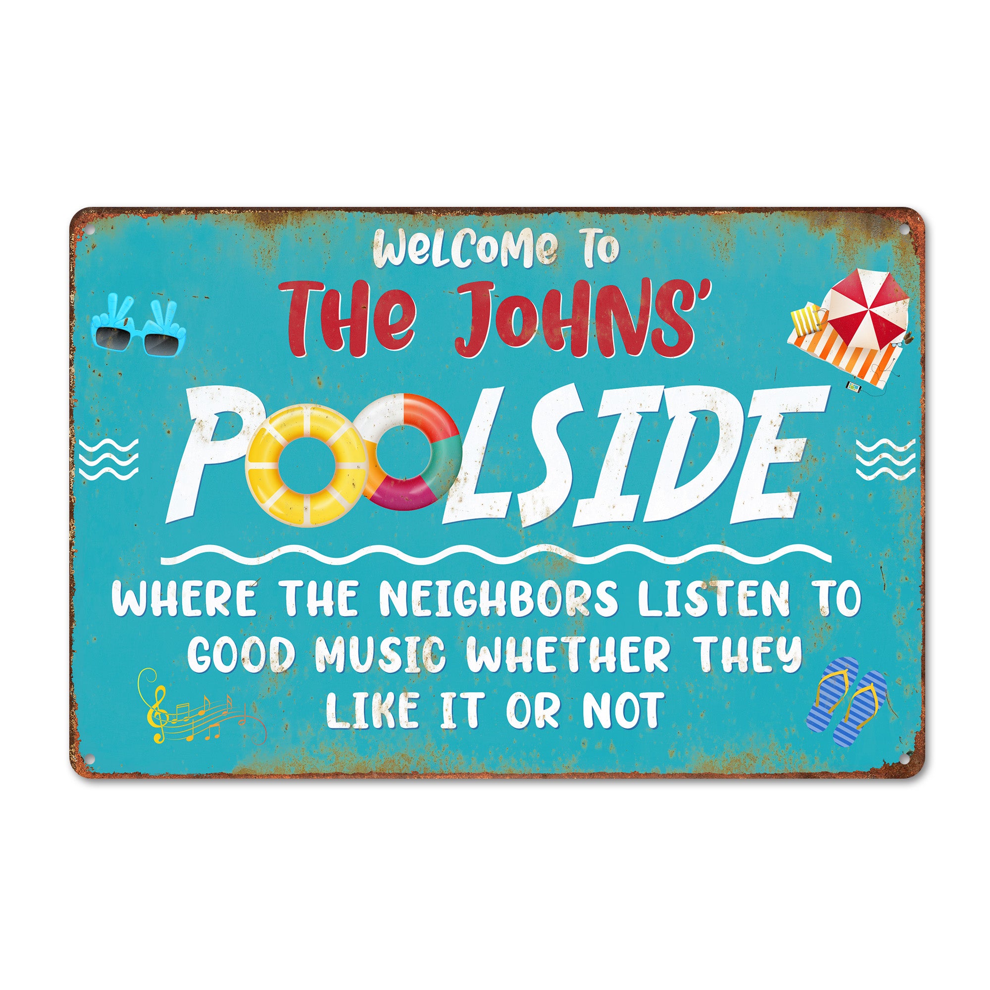 Personalized Poolside Metal Sign – Custom Family Name Plaque for Outdoor Fun & Music Lovers - Image 1