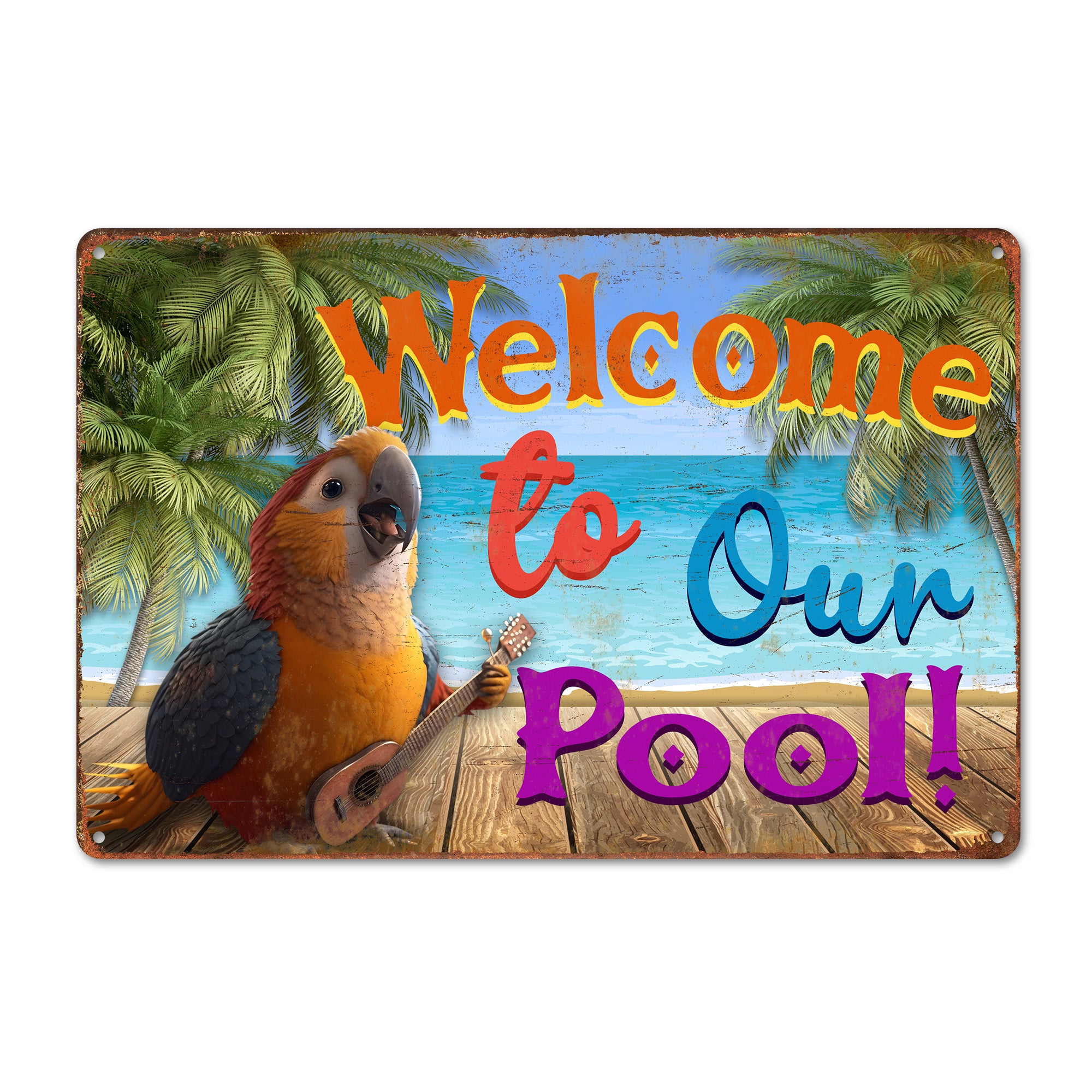 Personalized Tropical Pool Welcome Sign with Colorful Parrot Design - Custom Metal Art for Poolside Decor - Image 1