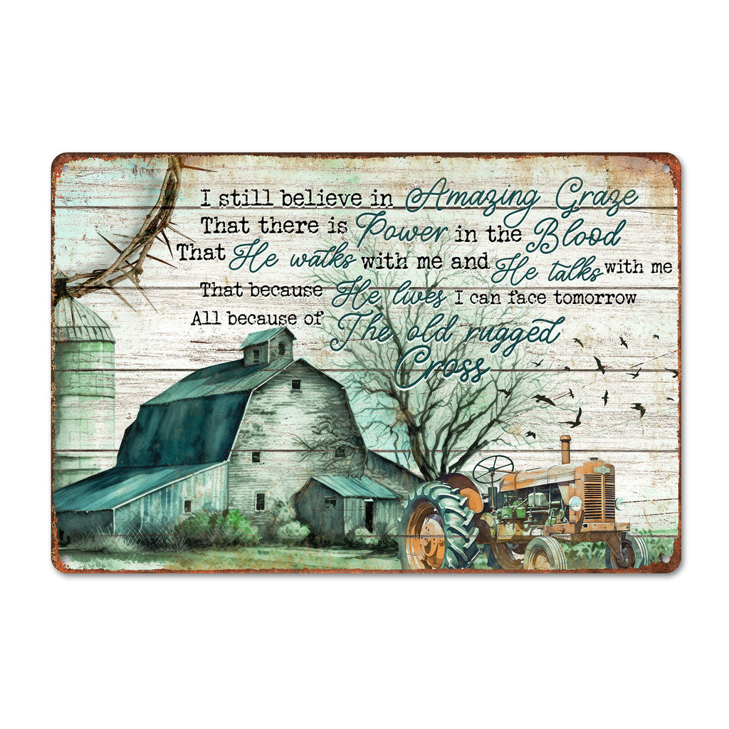 Personalized Farmhouse Metal Sign - Inspirational Christian Decor with Antique Tractor and Barn Scene - Image 1