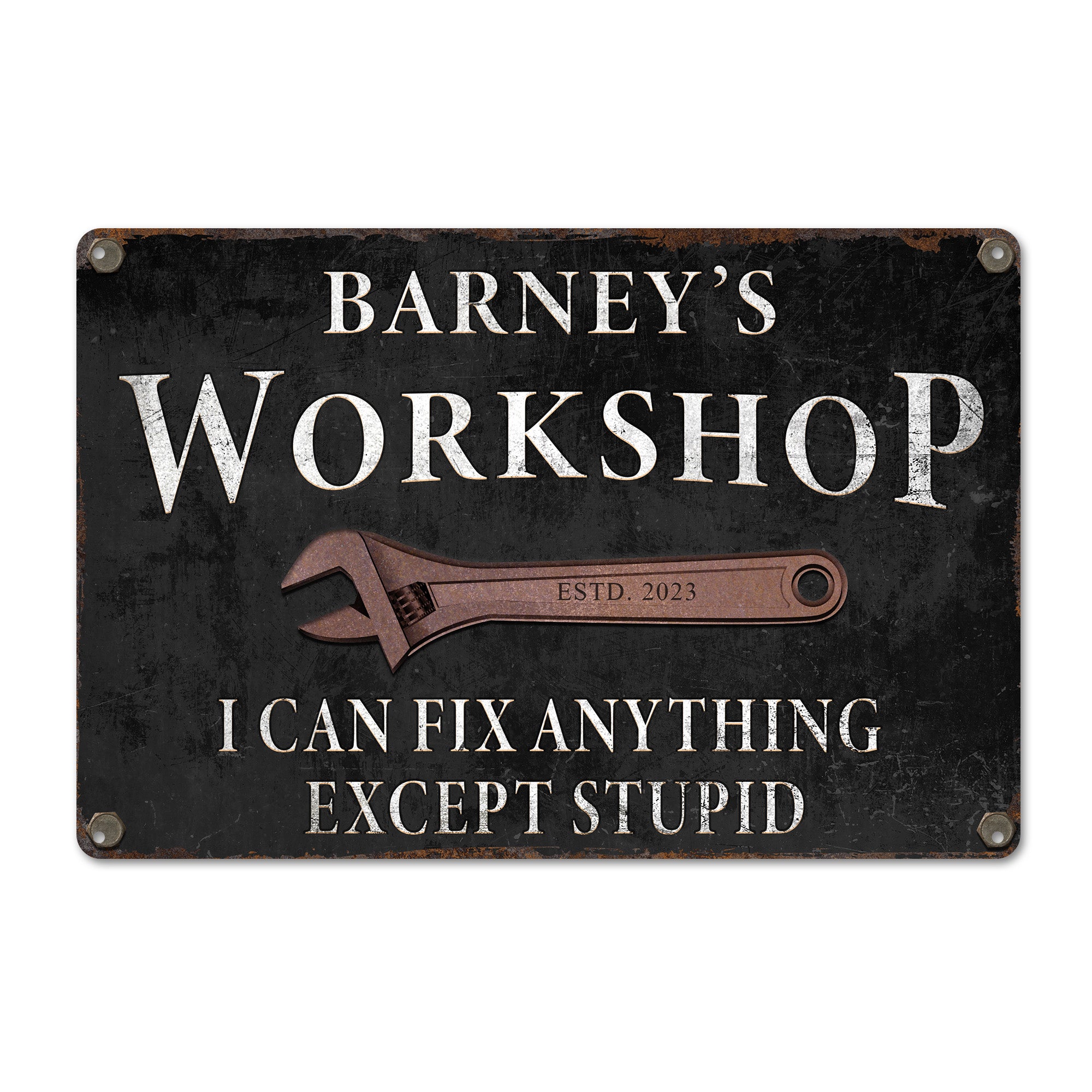 Personalized Metal Workshop Sign - Rustic Humor Decor for Garage, Man Cave, or Workshop - Customizable Year and Name - Image 1