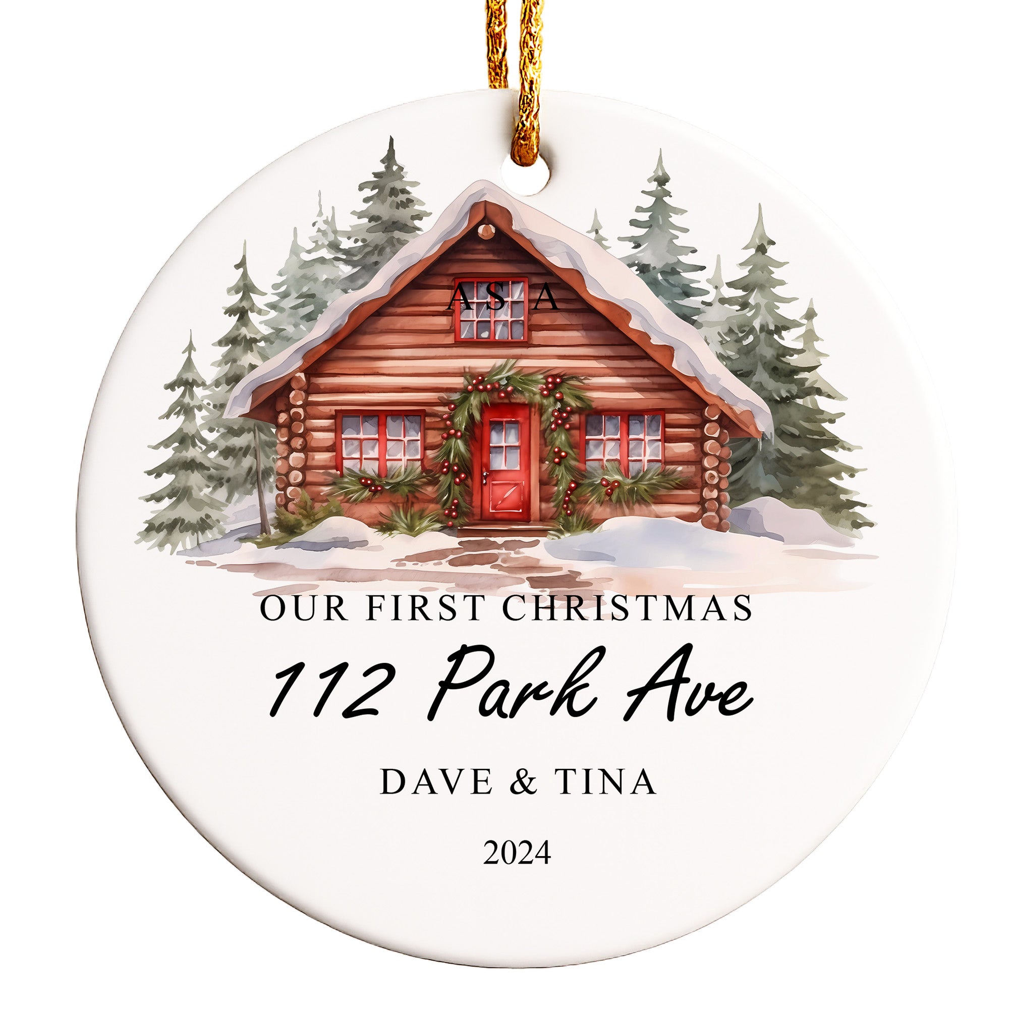 Personalized Handmade First Christmas Ornament - Custom Engraved Ceramic Cabin Design with Names & Address - Perfect Gift for Couples - Image 1