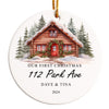 Personalized Handmade First Christmas Ornament - Custom Engraved Ceramic Cabin Design with Names & Address - Perfect Gift for Couples - Image 1