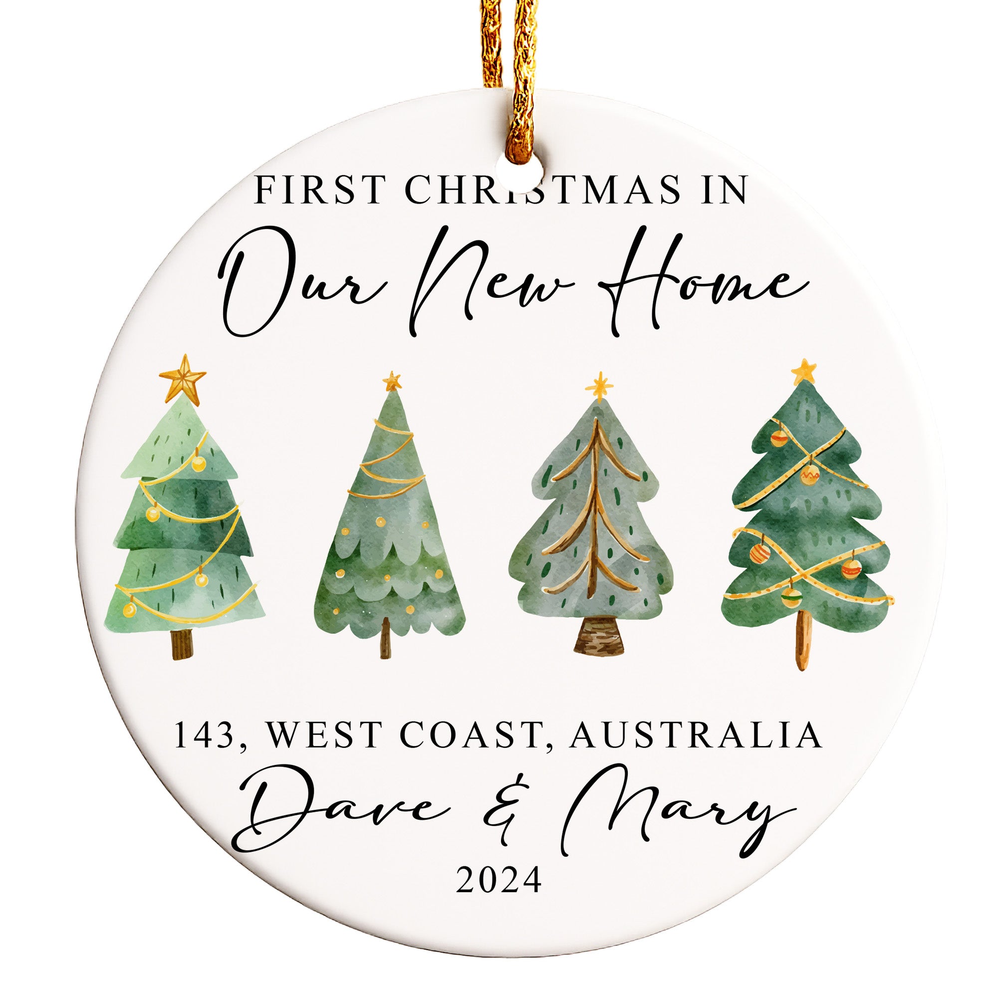 Personalized First Christmas in New Home Ceramic Ornament – Artistic Watercolor Design, Unique Gift, 2024 Edition - Image 1