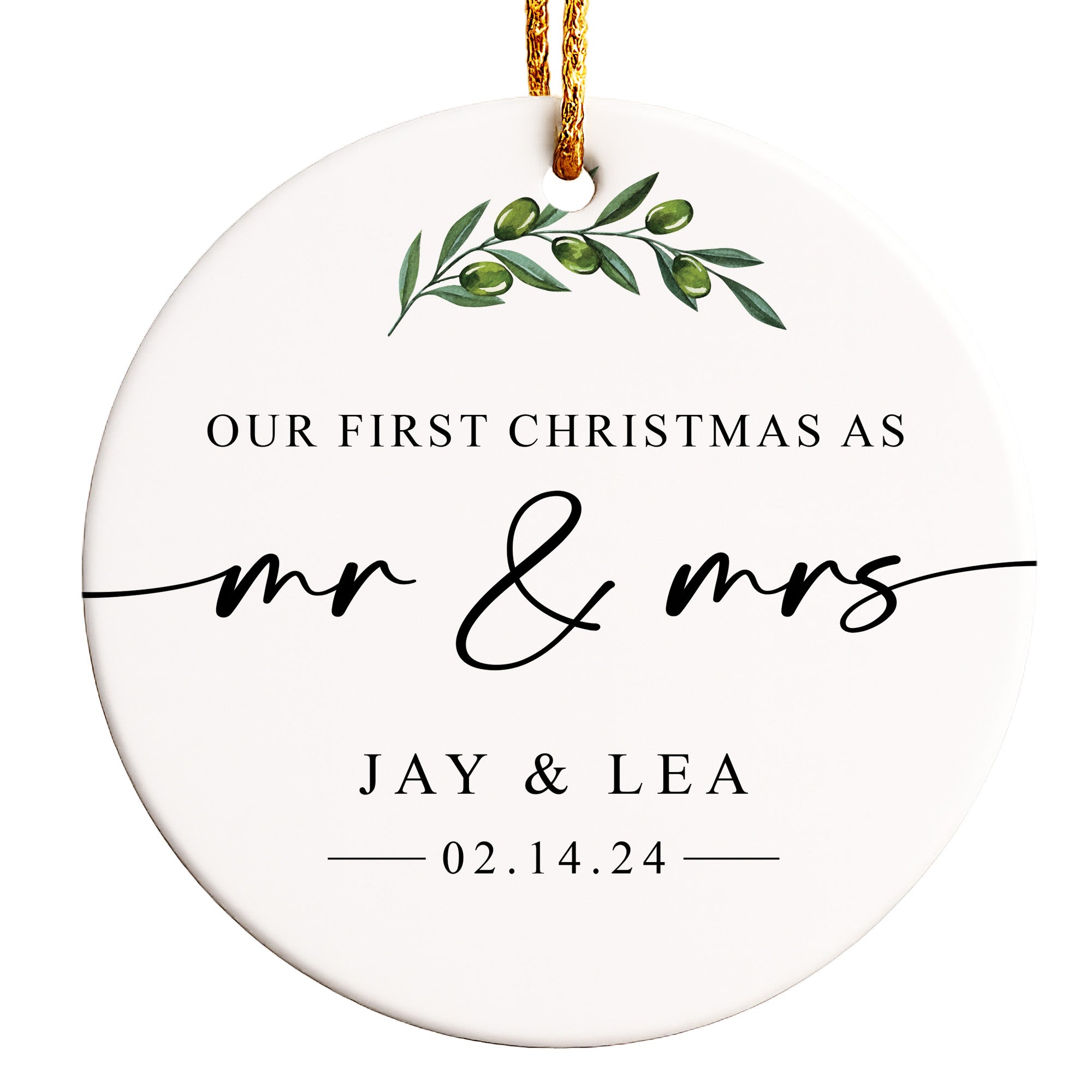 Personalized First Christmas as Mr. & Mrs. Ceramic Ornament - Elegant Handcrafted Design with Custom Names and Date - Image 1