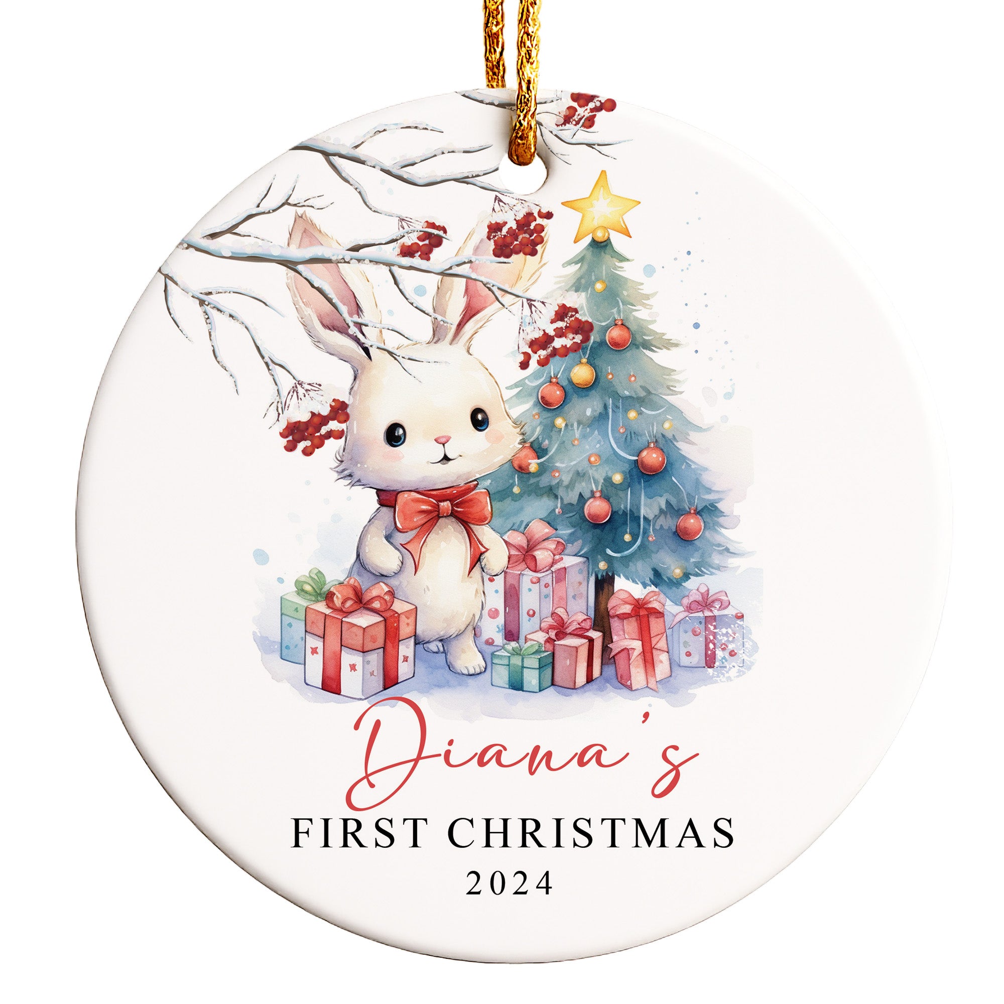Personalized Baby's First Christmas Ornament 2024 – Handcrafted Ceramic Gift with Adorable Bunny Design - Image 1