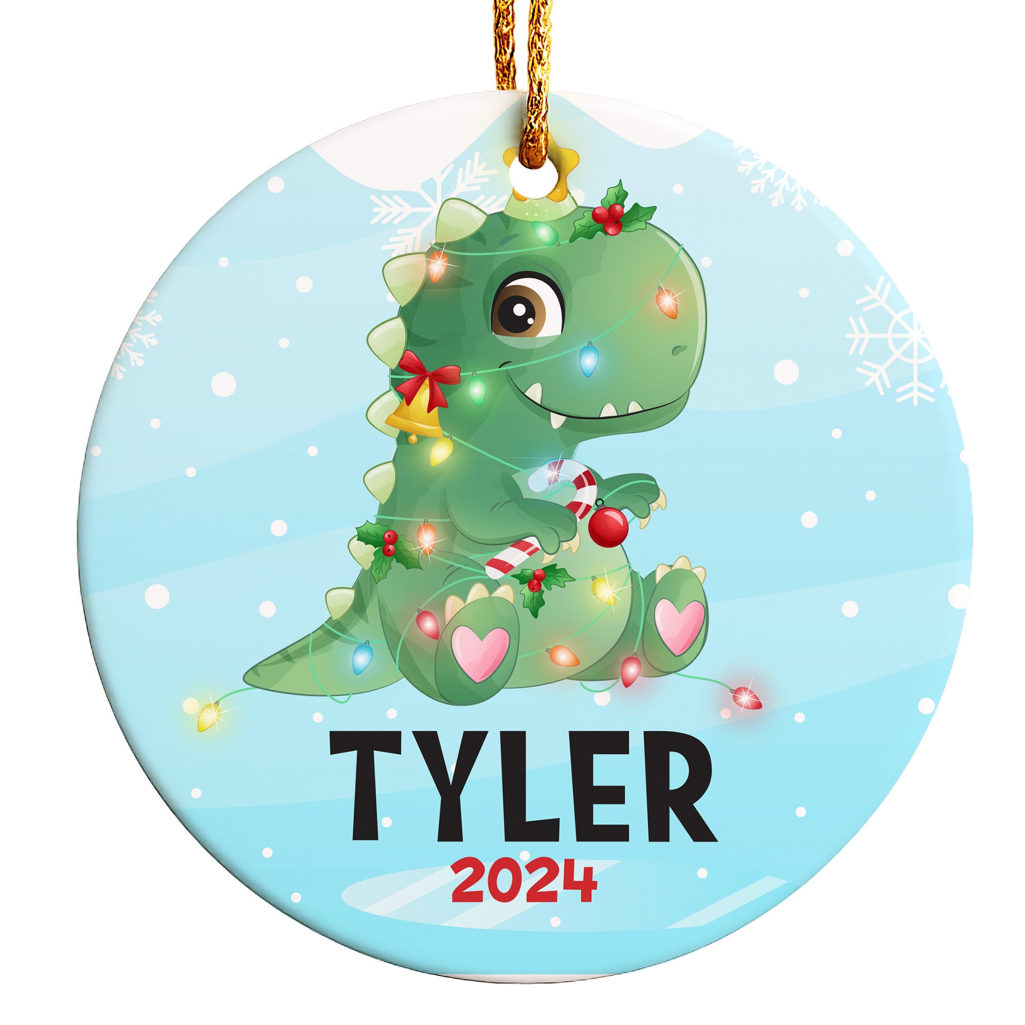Custom Dinosaur Ceramic Christmas Ornament for Kids - Personalized Holiday Decoration with Name and Year - Unique Keepsake Gift - Image 1