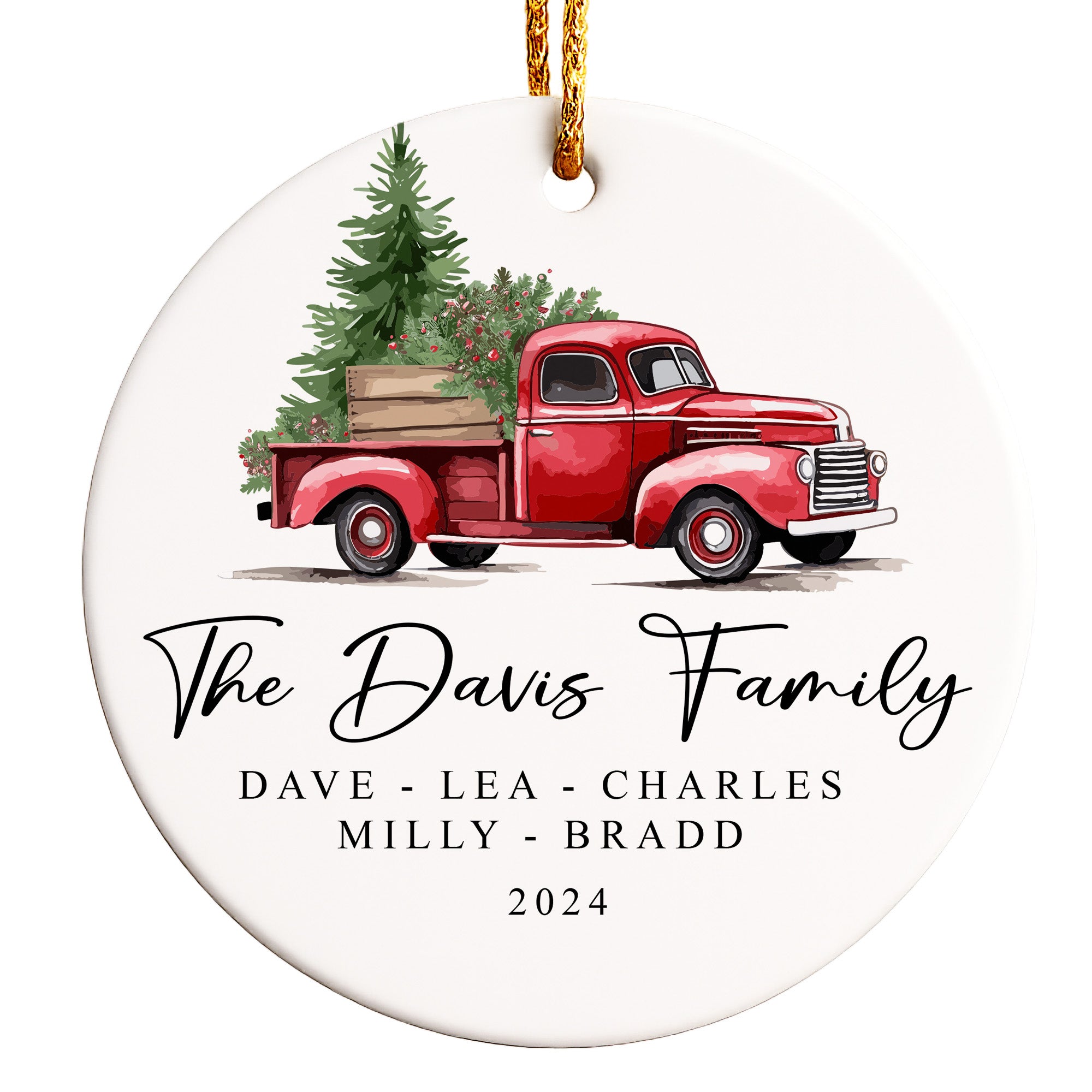Personalized Family Red Vintage Truck Ceramic Ornament – Custom Christmas Keepsake with Elegant Script - Image 1