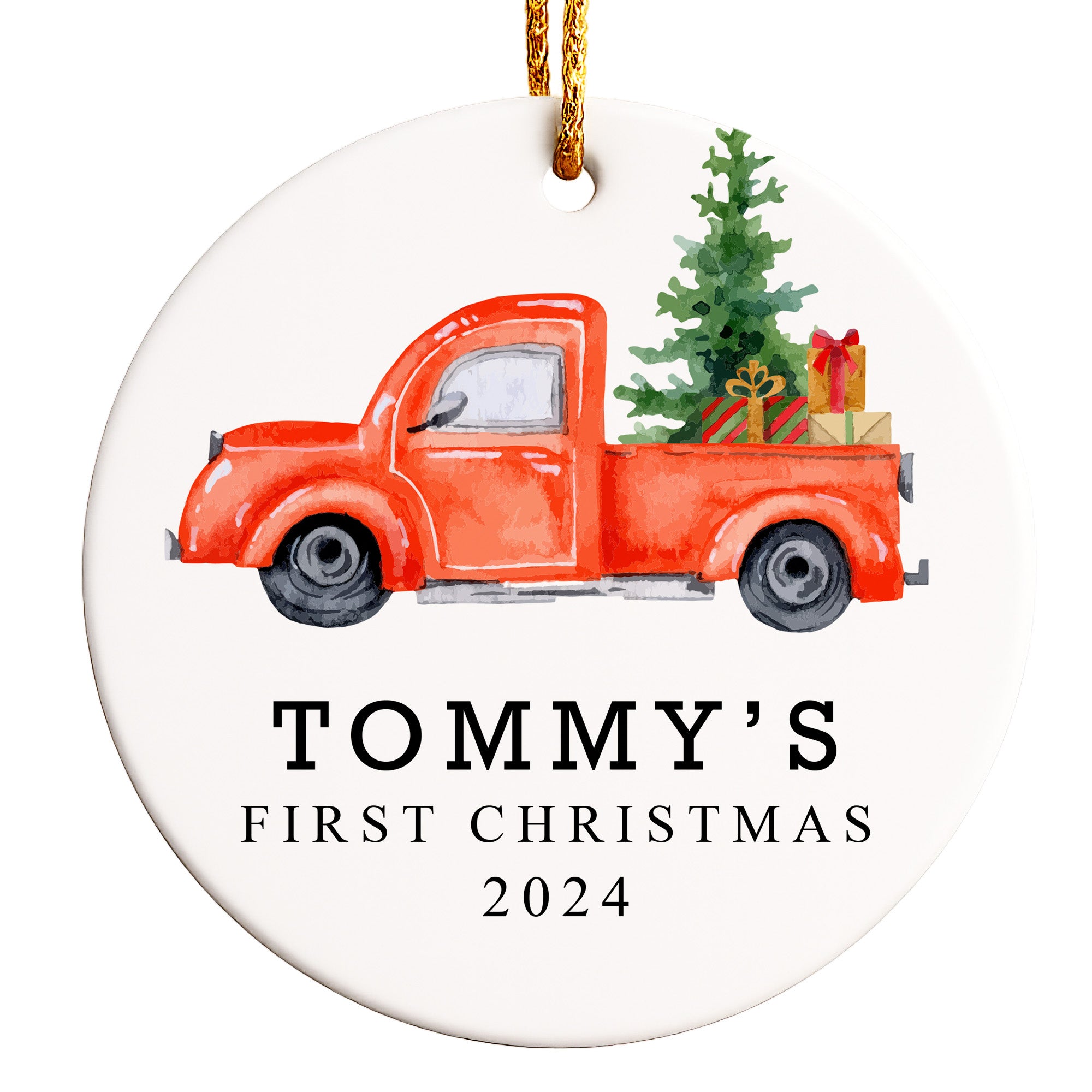 Personalized Baby's First Christmas 2024 Ceramic Ornament with Vintage Red Truck Design - Image 1