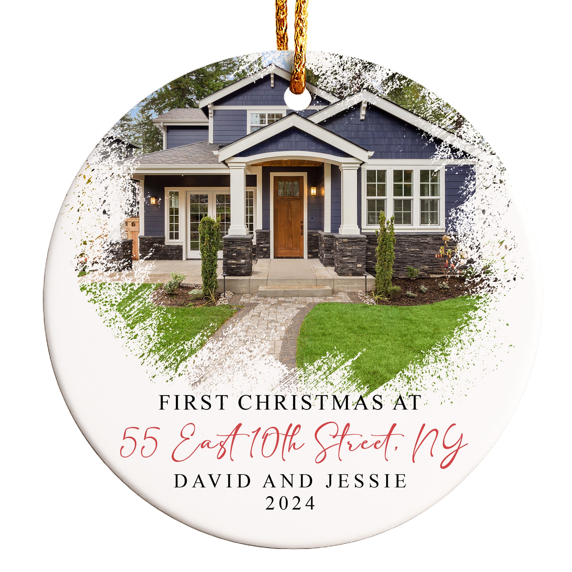 Personalized "First Christmas" Ceramic Ornament with Custom Home Image and Address - Perfect 2024 Keepsake Gift - Image 1