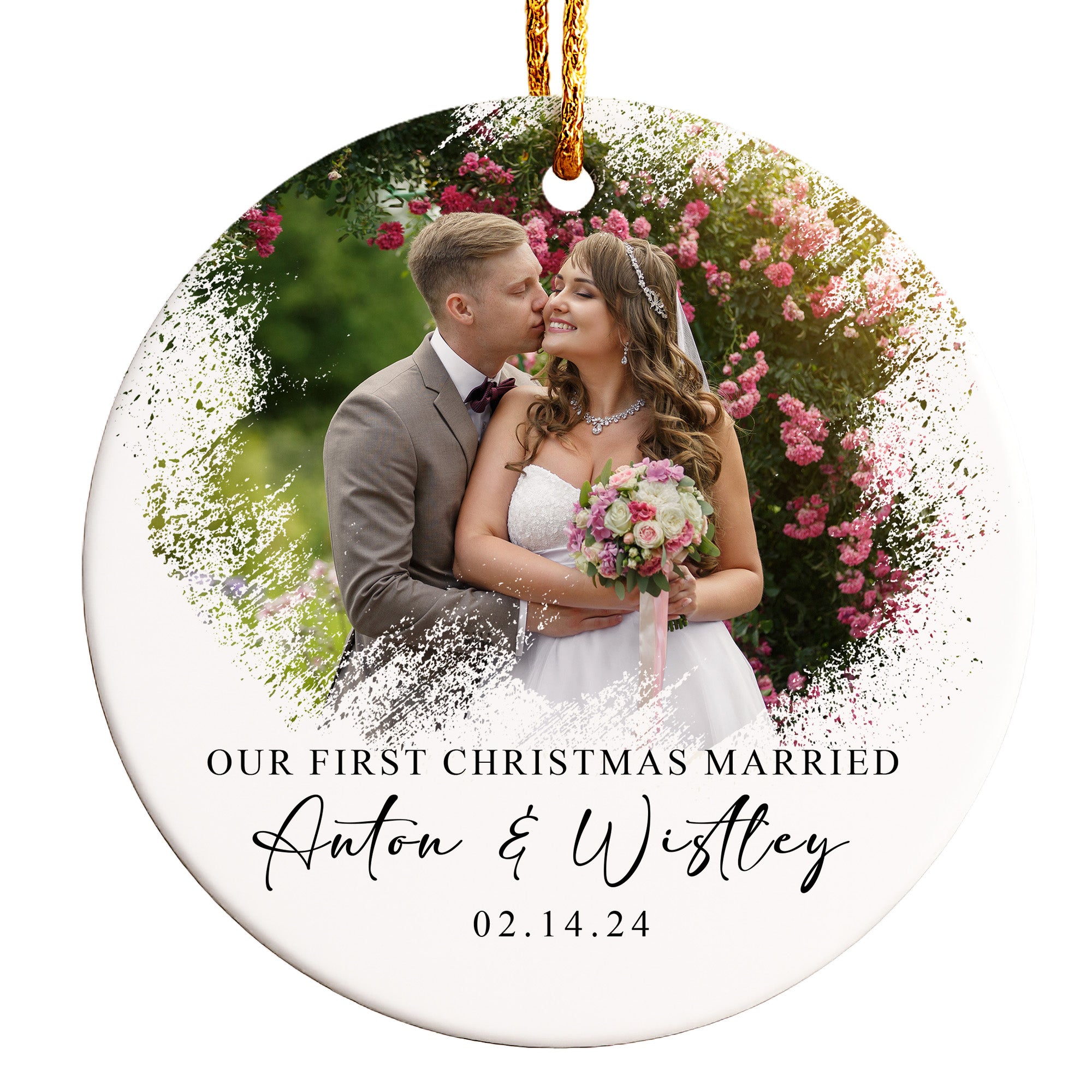Personalized "Our First Christmas Married" Ceramic Ornament – Customizable Wedding Keepsake with Photo and Names - Image 1