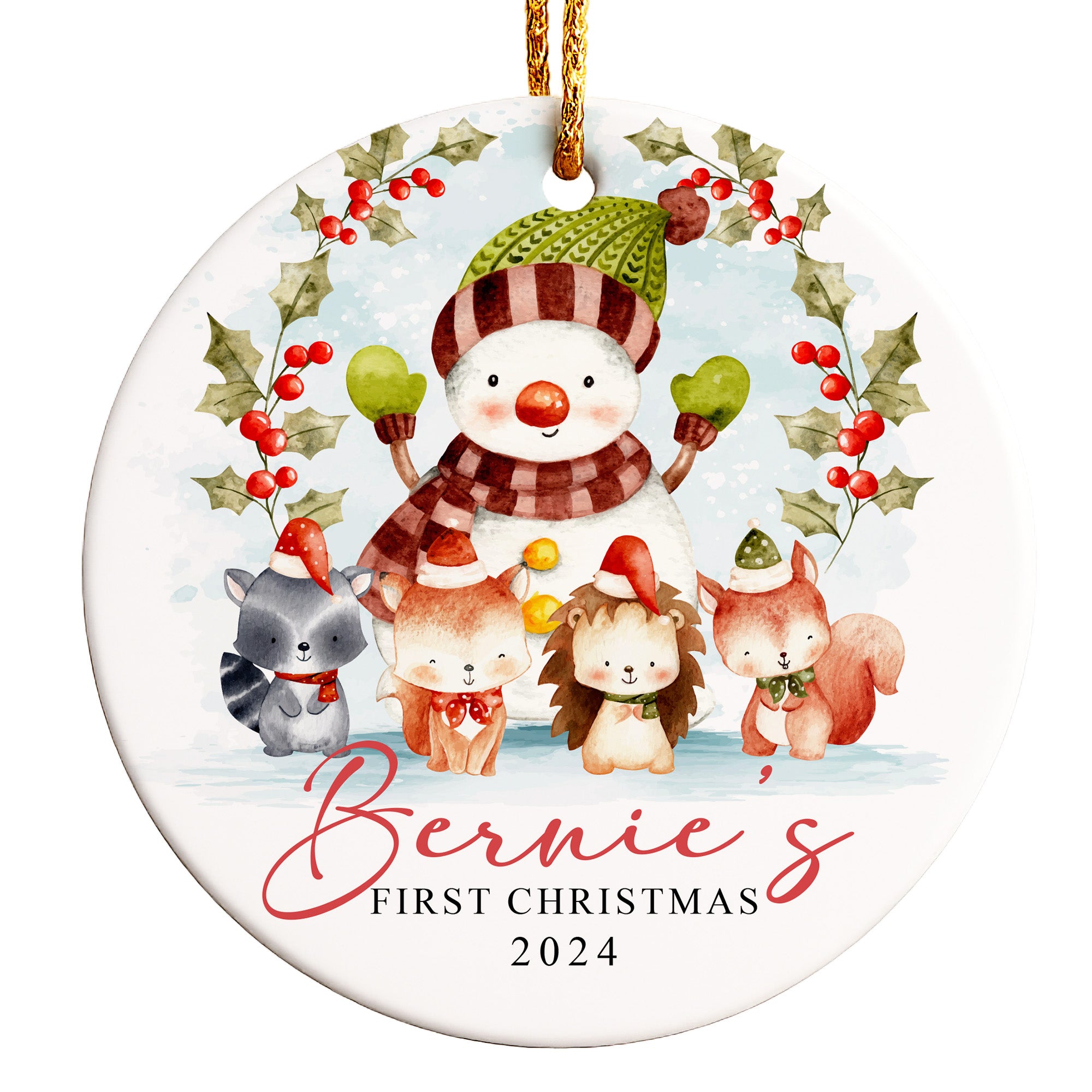 Personalized 2024 Ceramic Ornament - "Bernie's First Christmas" with Cute Woodland Animals and Snowman Design - Image 1