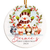 Personalized 2024 Ceramic Ornament - "Bernie's First Christmas" with Cute Woodland Animals and Snowman Design - Image 1