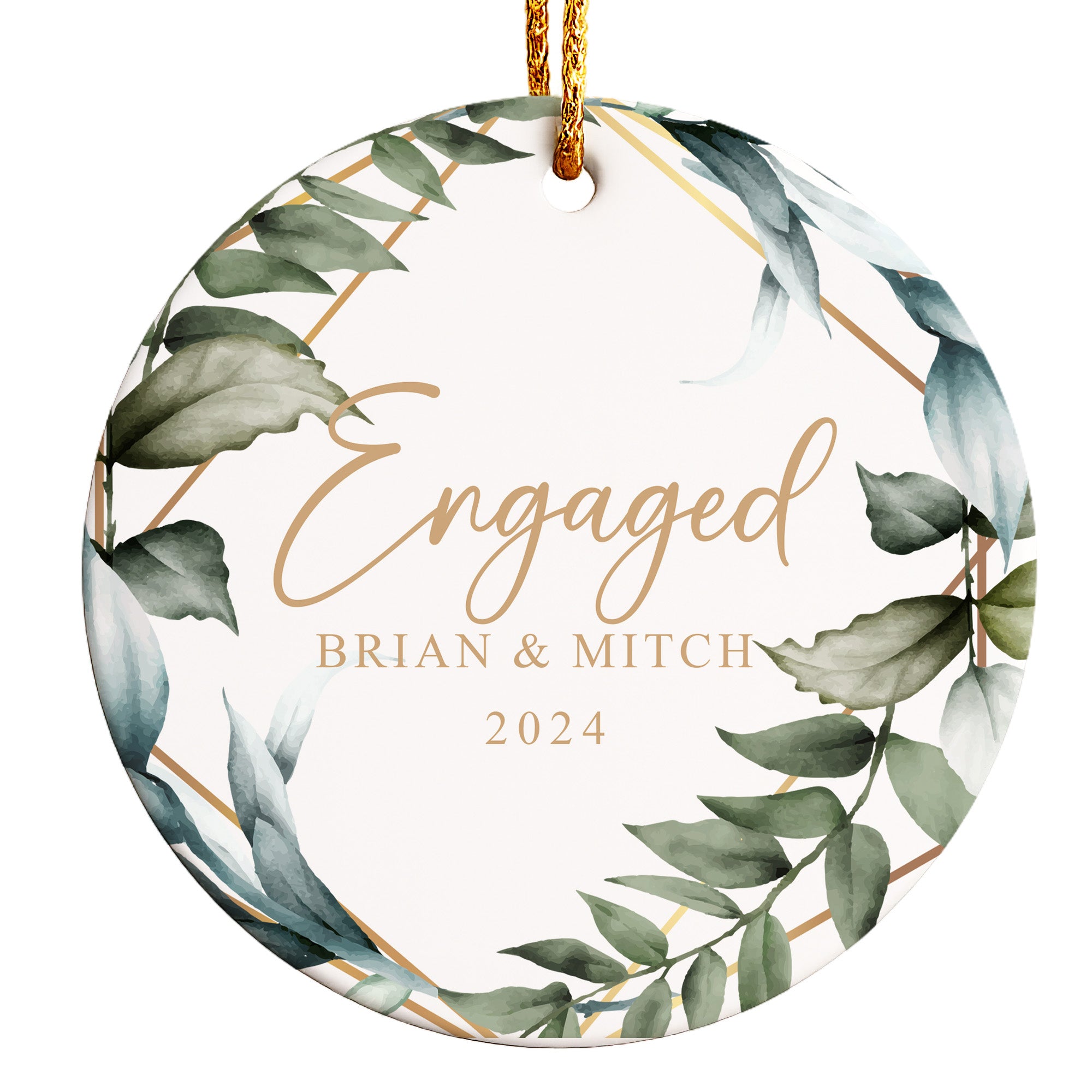 Personalized Engagement Ceramic Ornament - Elegant Greenery Design - Perfect Gift for Couples - Celebrate Love in 2024 - Image 1