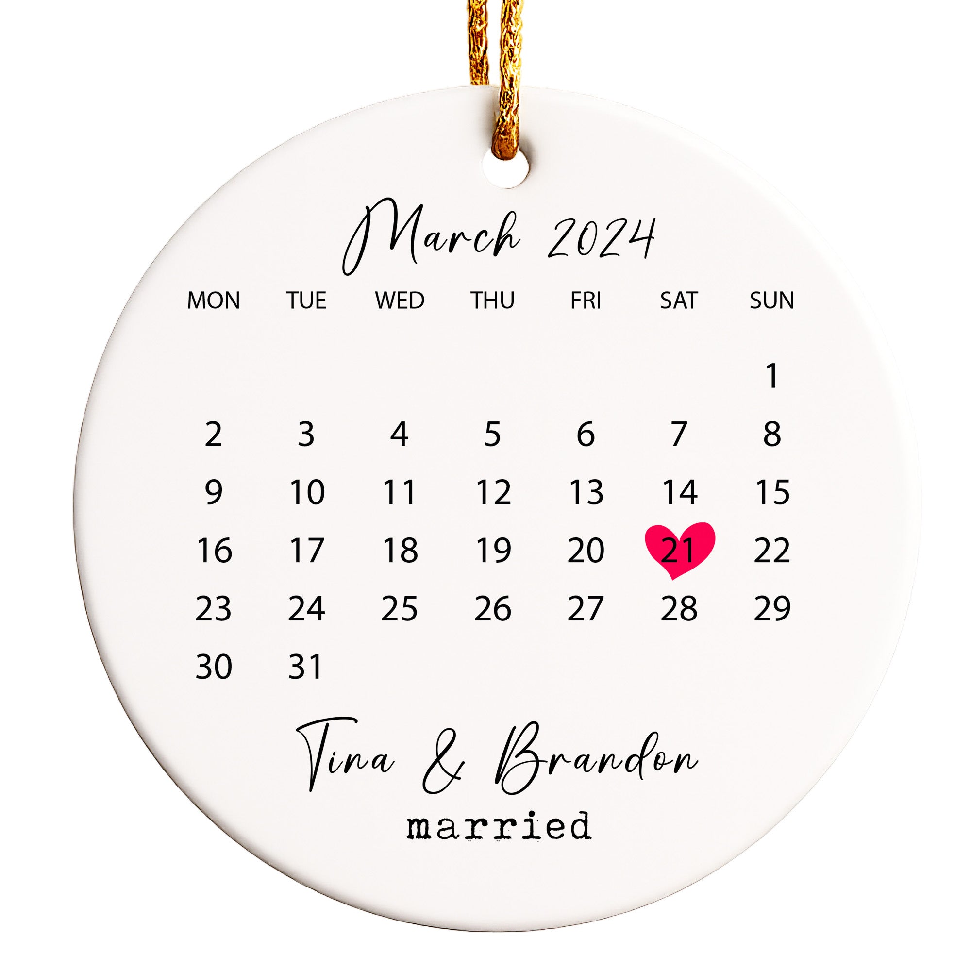 Personalized Ceramic Wedding Date Ornament - Custom Calendar Design with Gold Hanging Cord – Perfect Marriage Keepsake Gift - Image 1