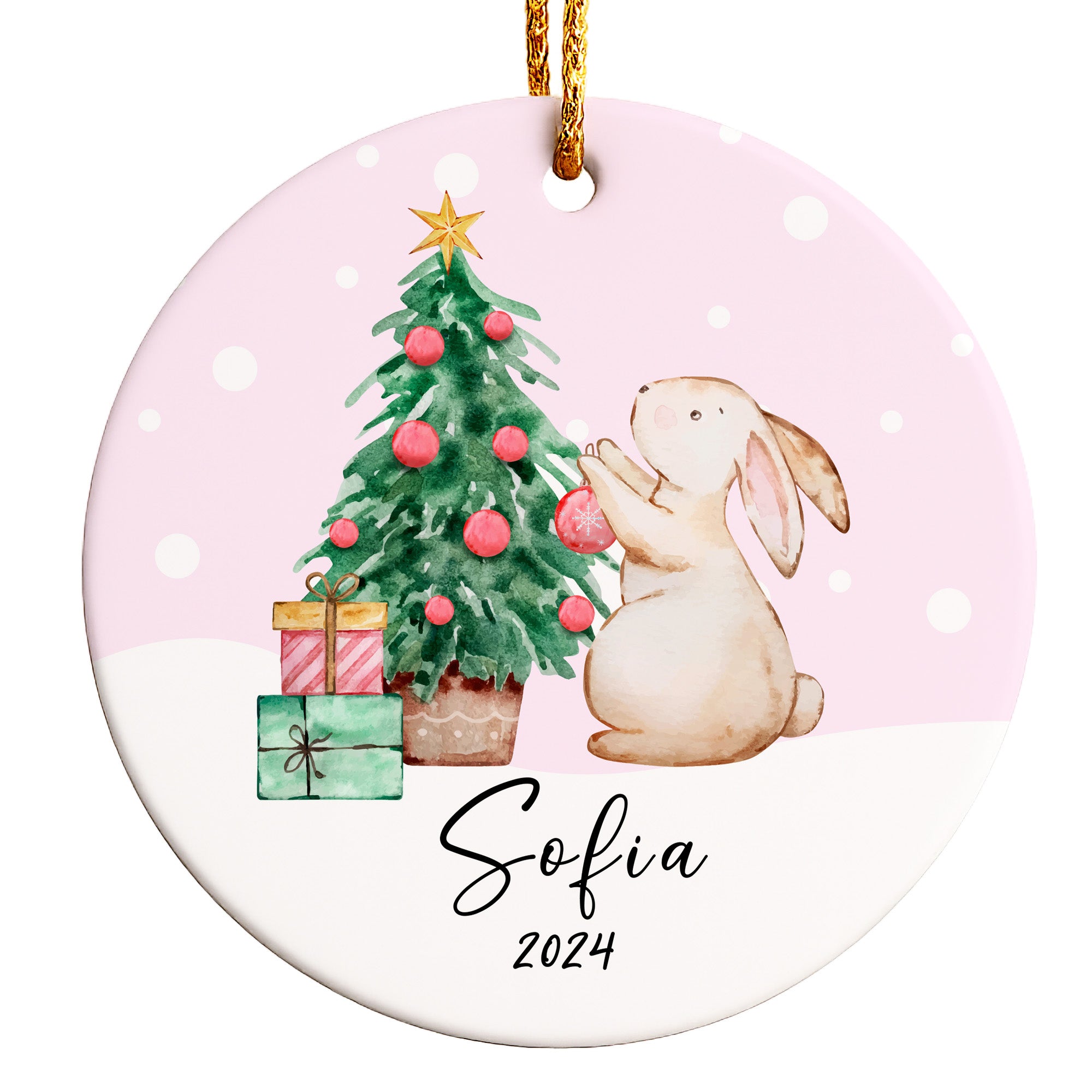 Personalized 2024 Christmas Bunny Ceramic Ornament – Custom Name & Year, Perfect Holiday Gift Keepsake - Image 1