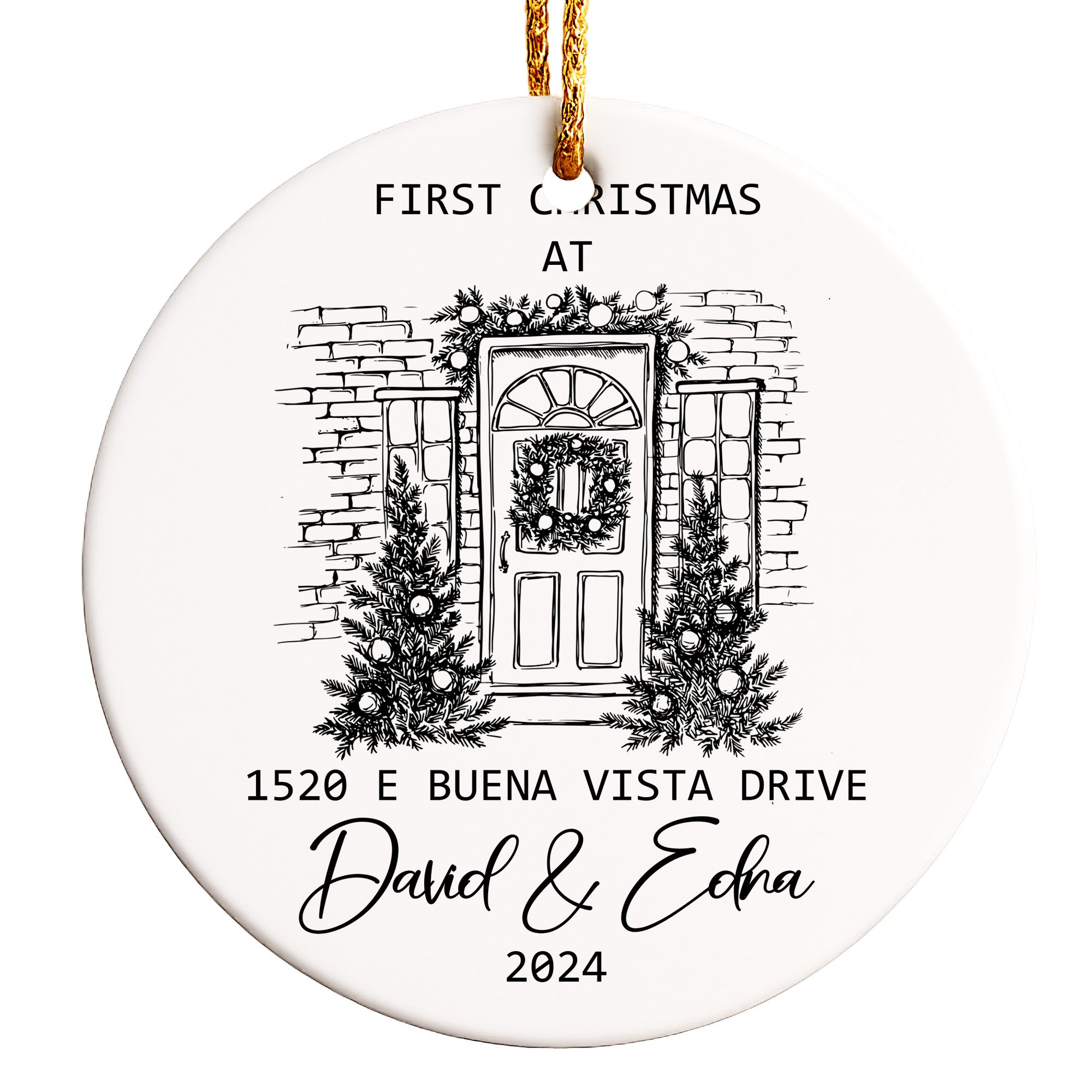 Personalized First Christmas Ceramic Ornament with Hand Drawn Home Design – Custom Address and Names for a Memorable Holiday - Image 1