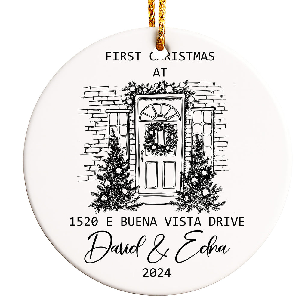 Personalized First Christmas Ceramic Ornament with Hand Drawn Home Design – Custom Address and Names for a Memorable Holiday - Image 1