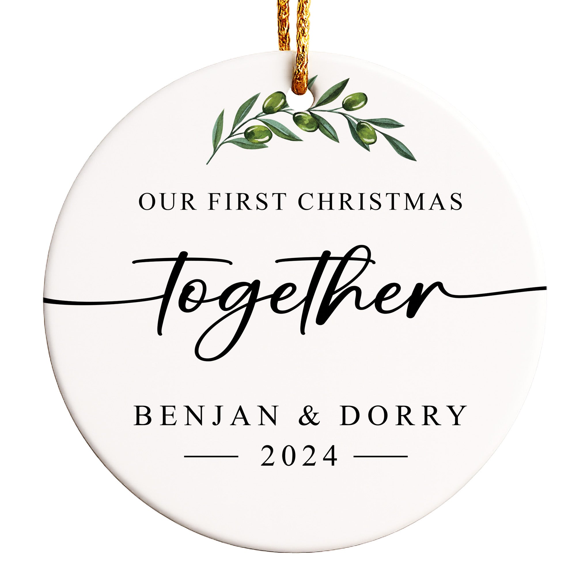 Personalized "Our First Christmas Together" Ceramic Ornament - Custom Couple's Keepsake with Elegant Olive Leaf Design for 2024 - Image 1