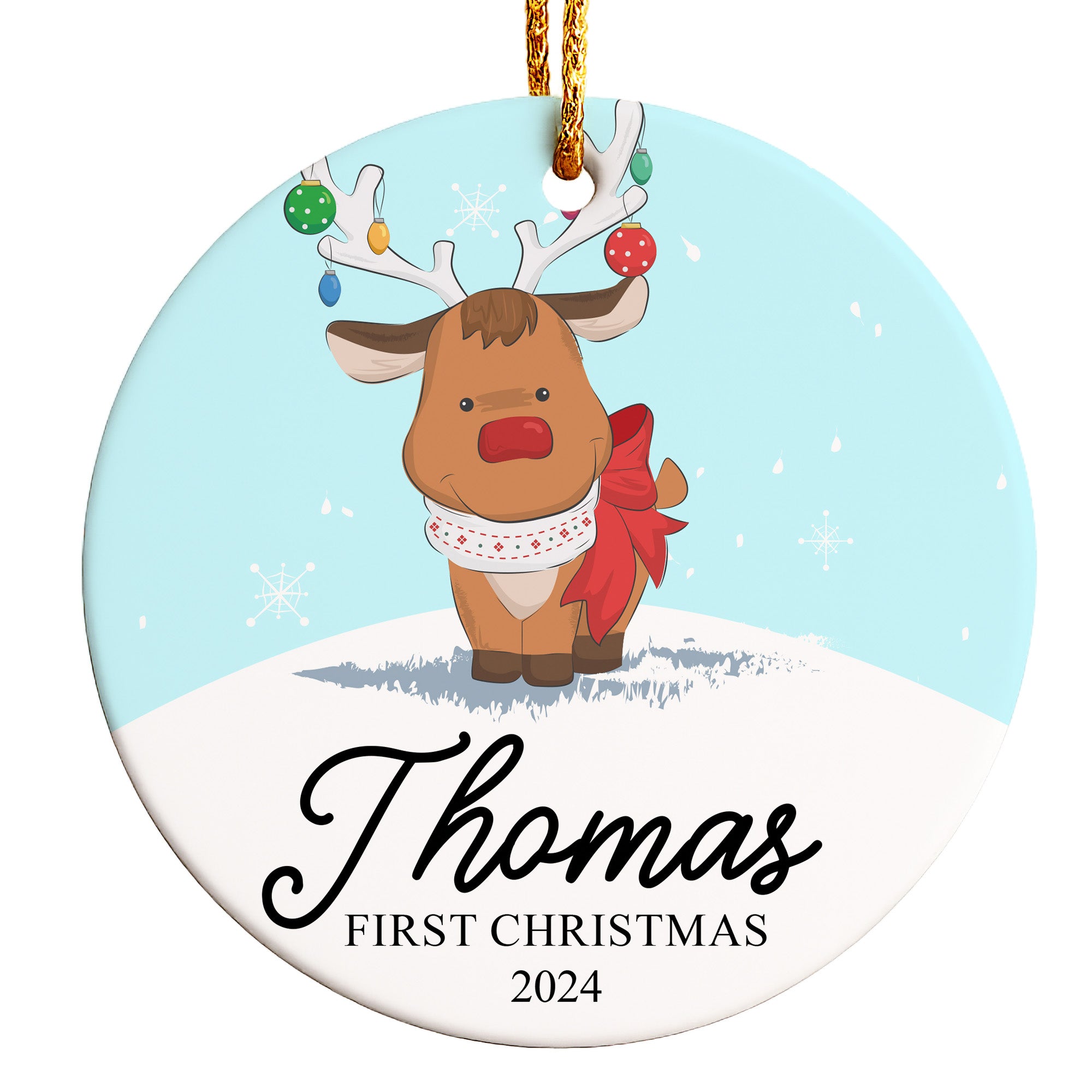 Personalized Baby's First Christmas 2024 Ceramic Ornament - Cute Reindeer Design with Custom Name - Image 1
