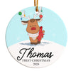 Personalized Baby's First Christmas 2024 Ceramic Ornament - Cute Reindeer Design with Custom Name - Image 1