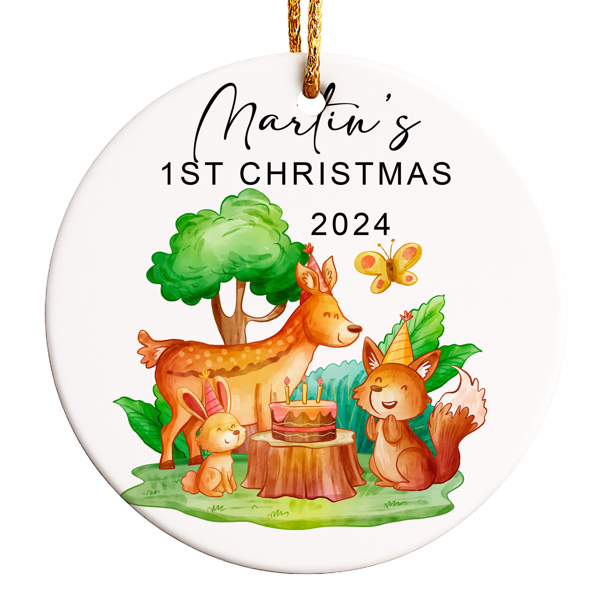 Personalized Baby's First Christmas Ceramic Ornament - Custom Name & Year - Handcrafted Woodland Design Keepsake for 2024 - Image 1