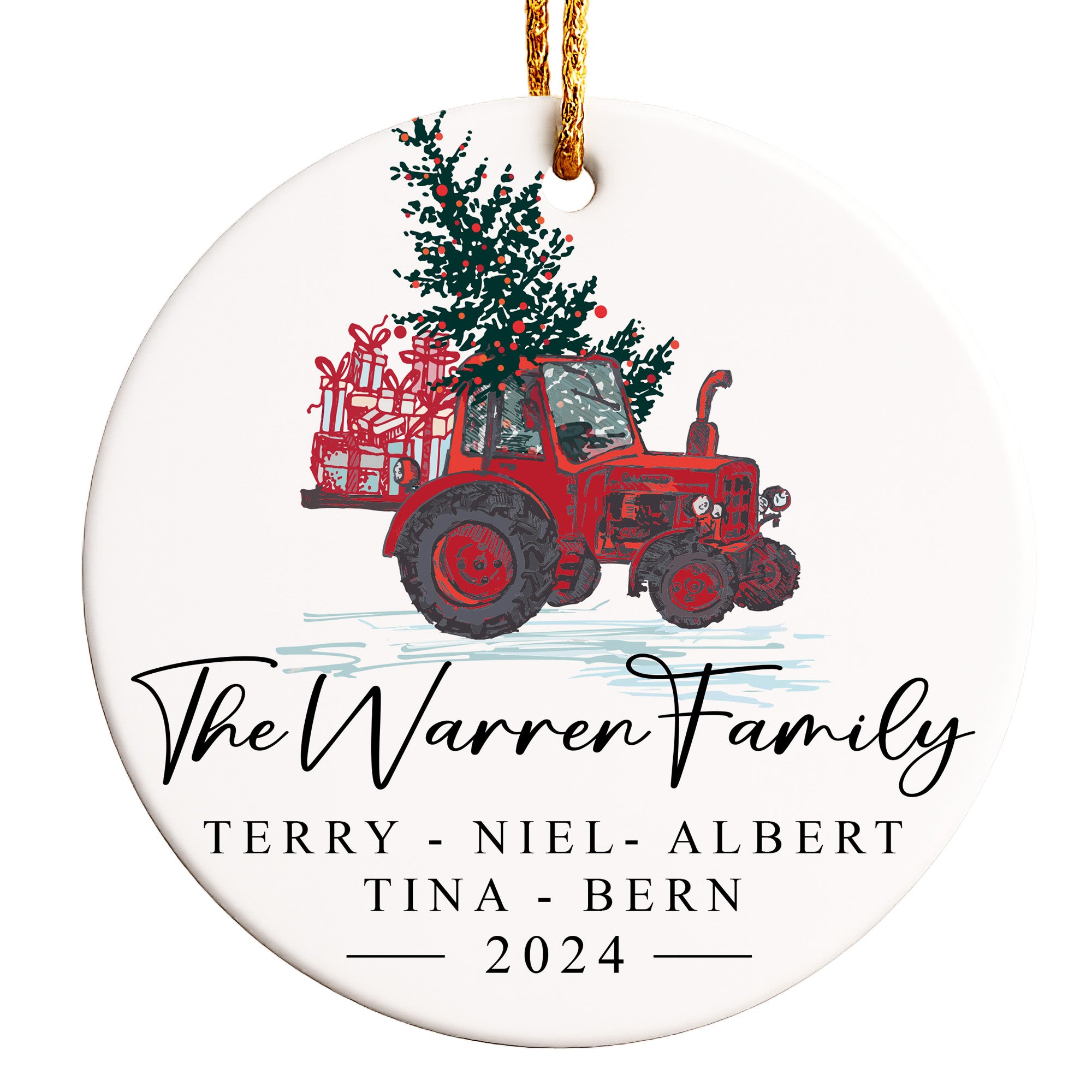 Personalized Family Christmas Ornament - Custom Ceramic Keepsake with Red Tractor & Festive Design - Perfect for Holiday Gift & Decoration 2024 - Image 1