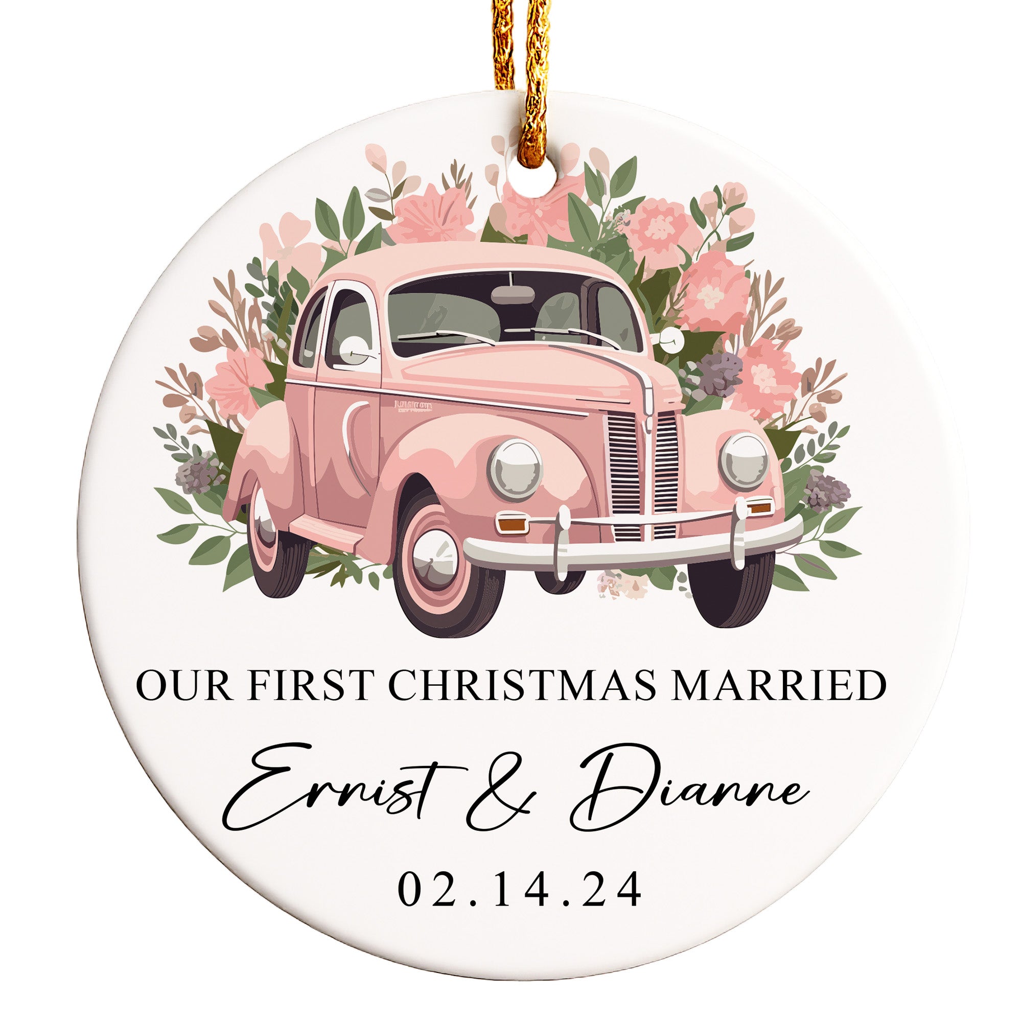 Personalized "Our First Christmas Married" Ceramic Ornament - Vintage Car Design for Newlyweds, Custom Date & Names - Image 1